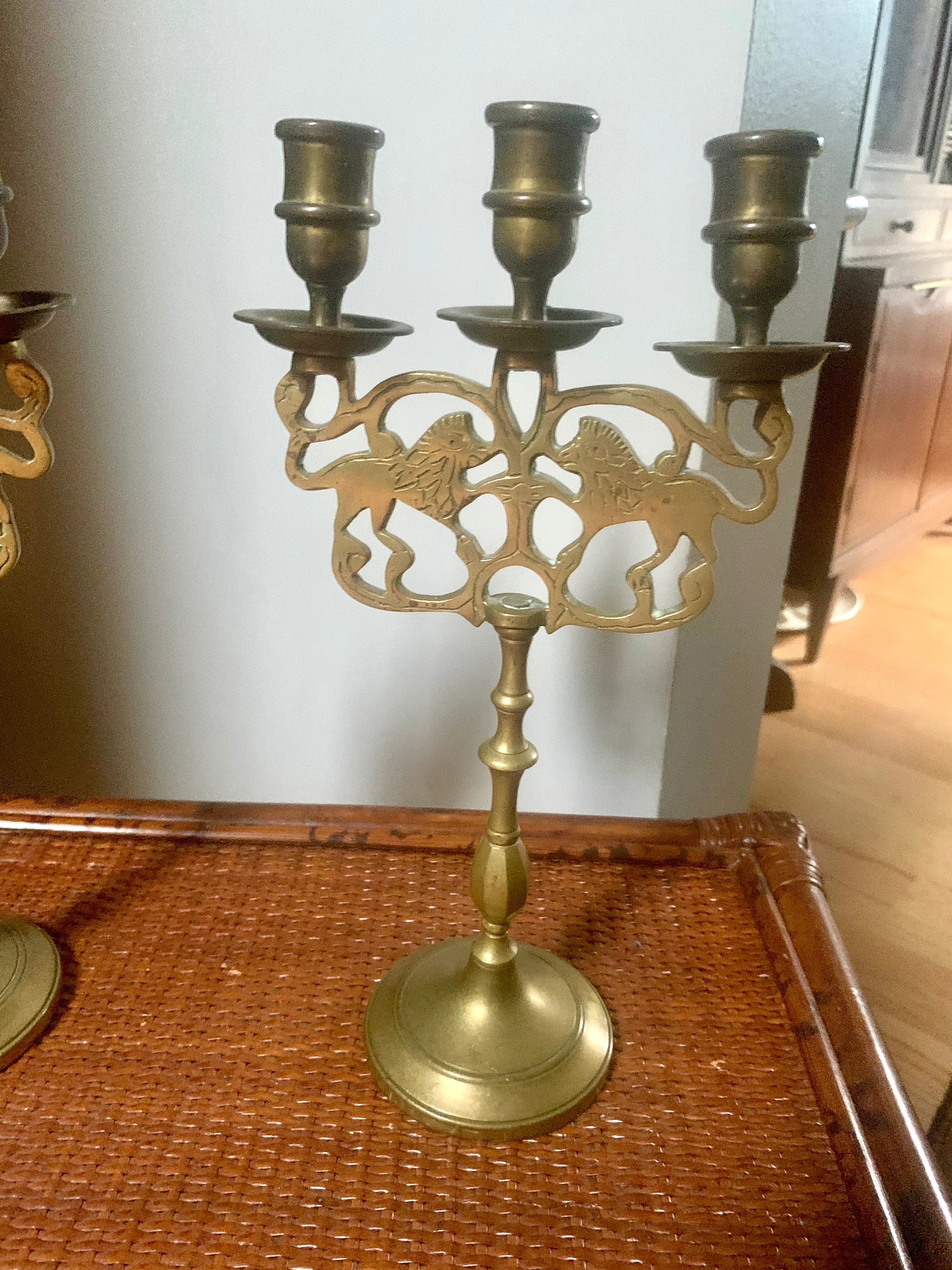 Vtg Pair of Brass Lion Of Judah Candelabra | Two Brass Lion Candle Holders | Three Tier Lion Candelabra