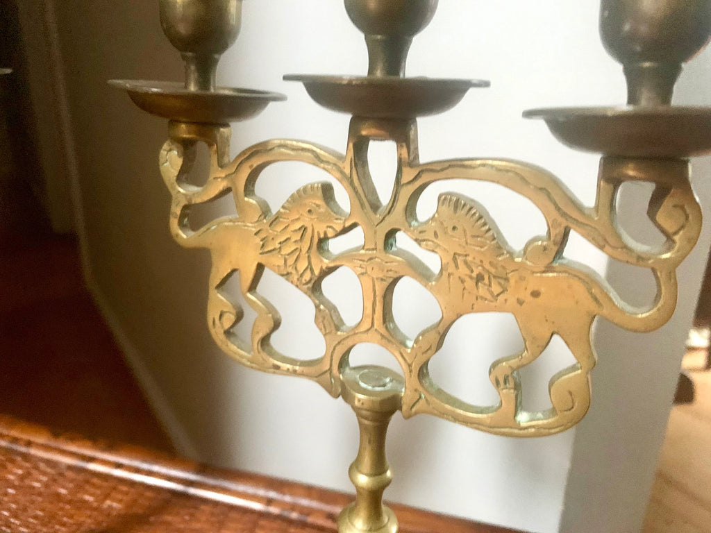 Vtg Pair of Brass Lion Of Judah Candelabra | Two Brass Lion Candle Holders | Three Tier Lion Candelabra