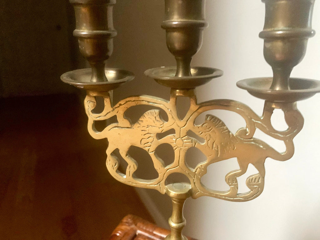 Vtg Pair of Brass Lion Of Judah Candelabra | Two Brass Lion Candle Holders | Three Tier Lion Candelabra