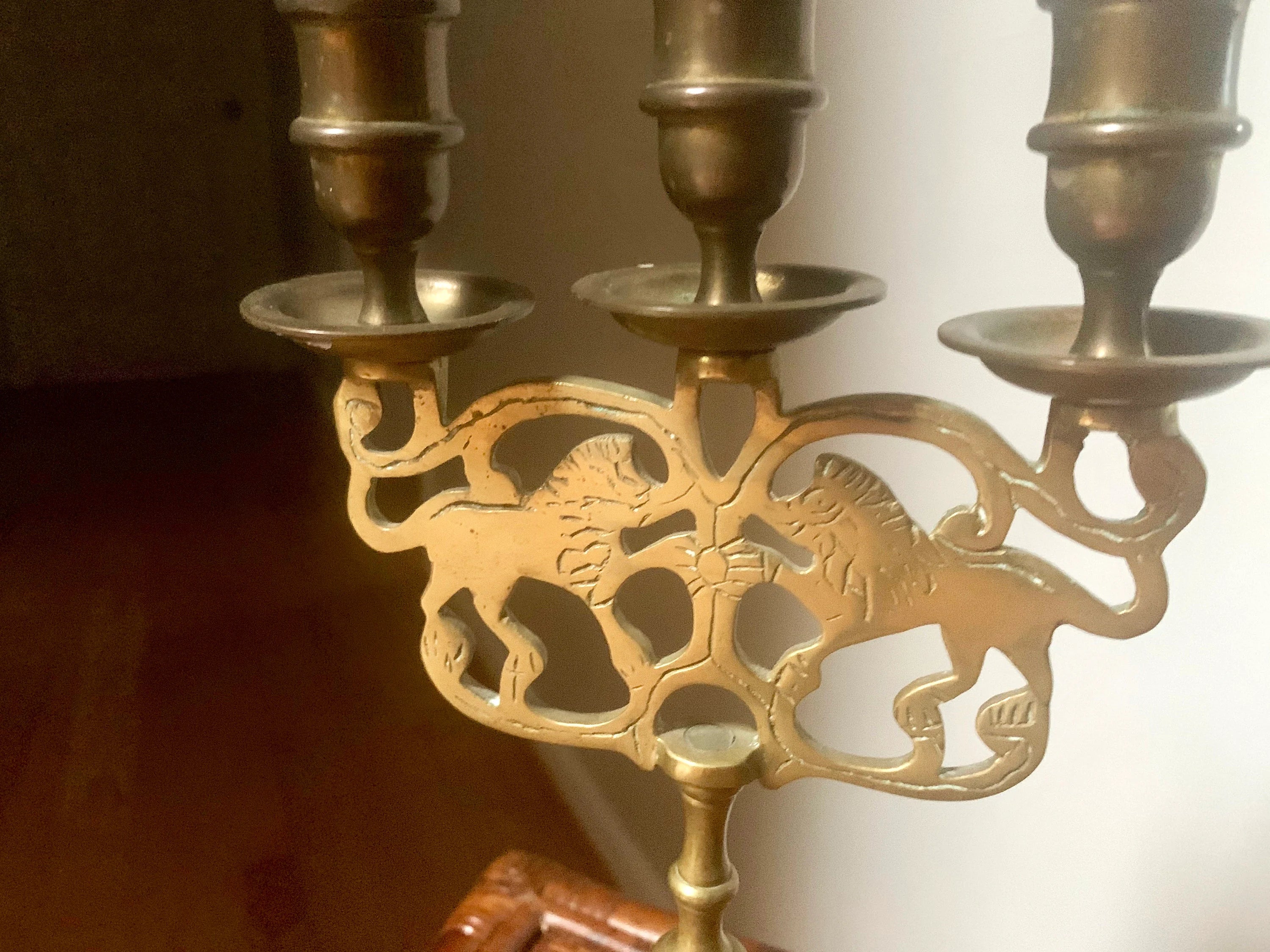 Vtg Pair of Brass Lion Of Judah Candelabra | Two Brass Lion Candle Holders | Three Tier Lion Candelabra