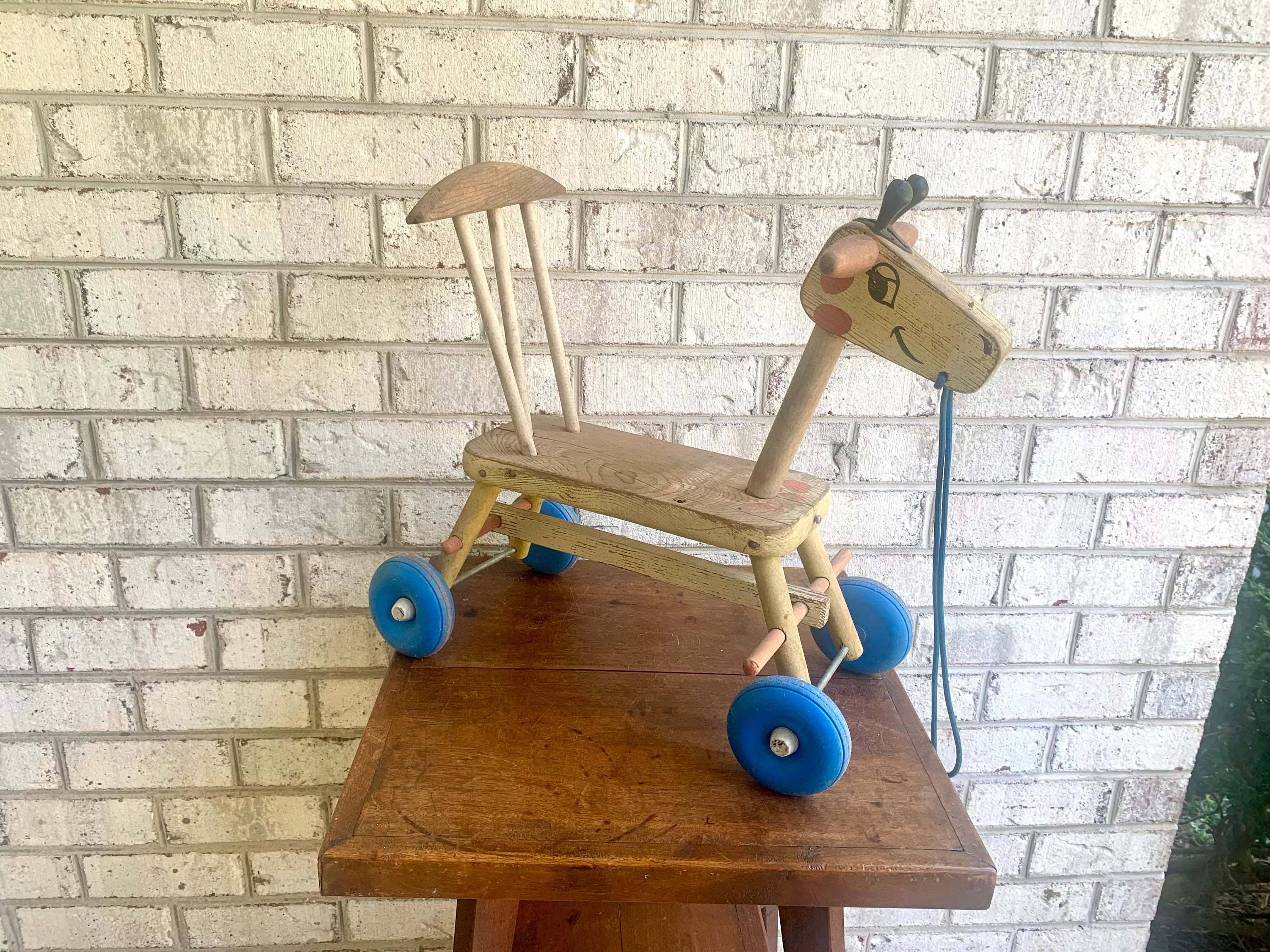Vintage Wood Riding Giraffe | Rustic Wooden Giraffe Riding Toy | Distressed Playskool Wood Riding Toy | Giraffe Ride On Toy | Giraffe Pull Toy