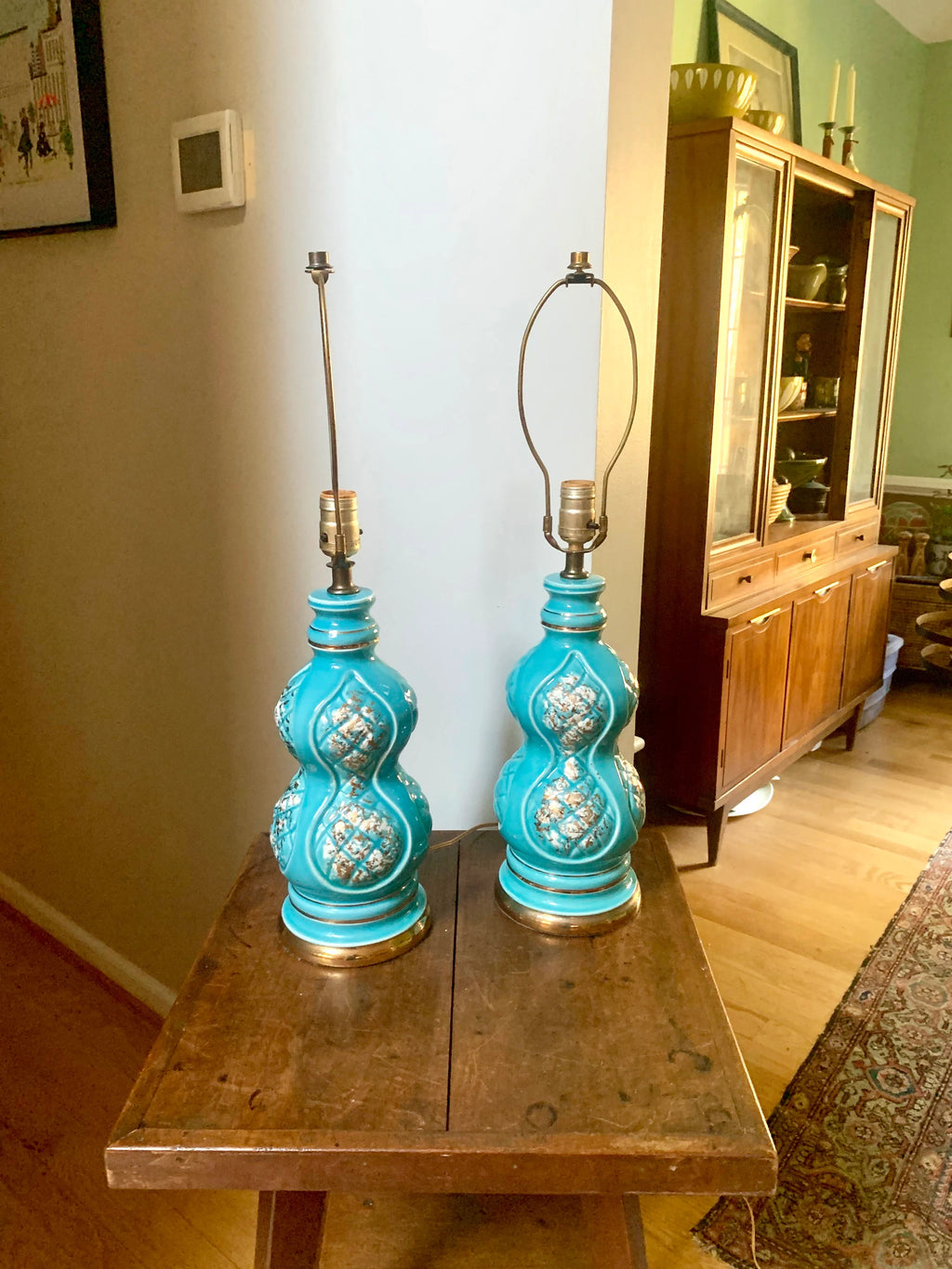 Pair of Mid Century Ceramic Lamp | MCM Table Lamps | Vintage Turquoise Matching Desk Lamps | Art Deco Night Stand Lamps | Turquoise and Gold