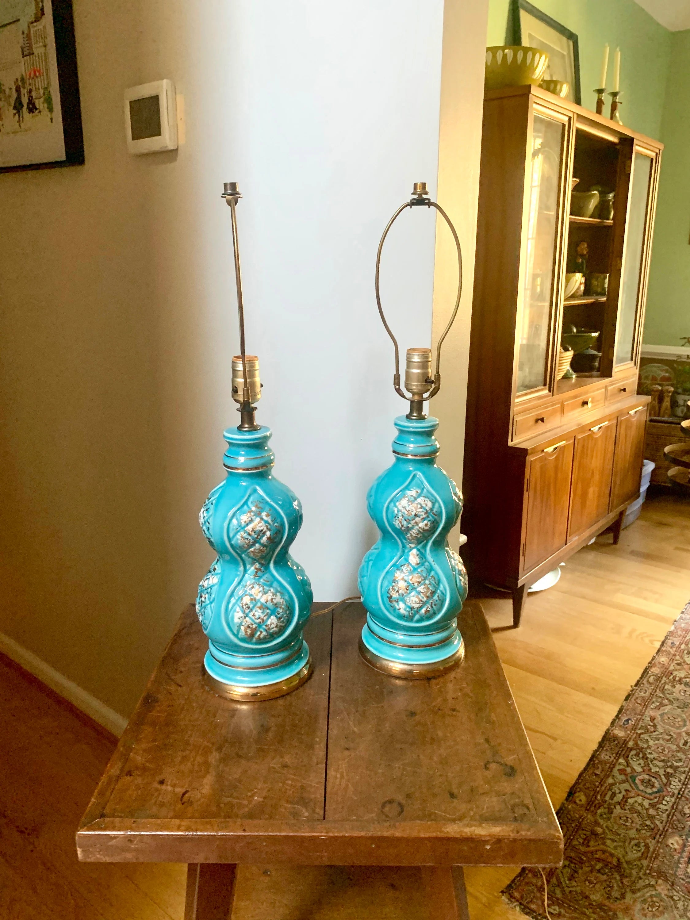 Pair of Mid Century Ceramic Lamp | MCM Table Lamps | Vintage Turquoise Matching Desk Lamps | Art Deco Night Stand Lamps | Turquoise and Gold