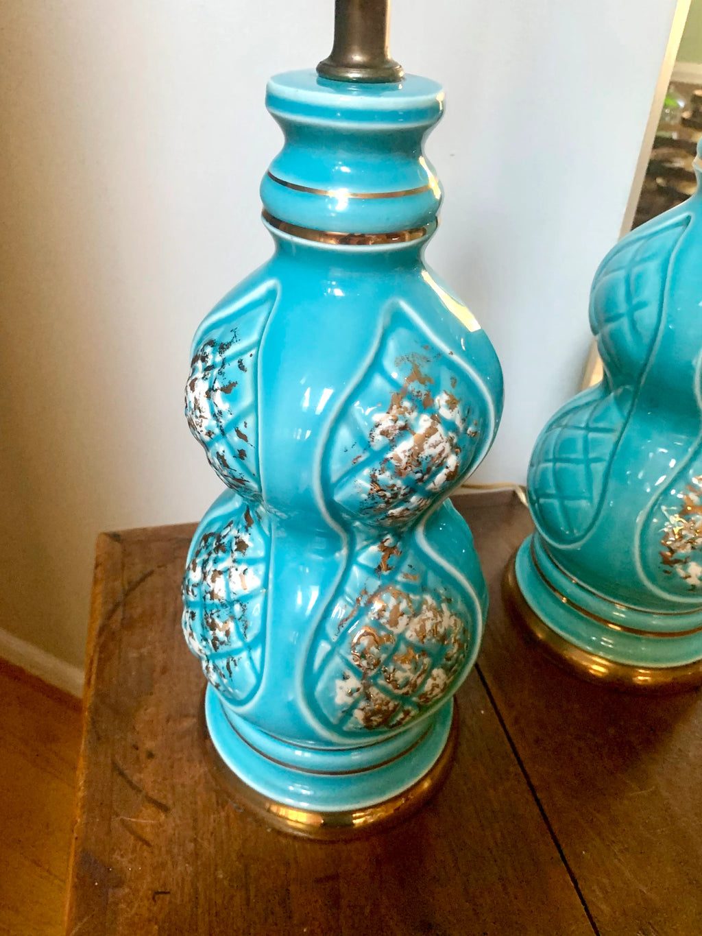 Pair of Mid Century Ceramic Lamp | MCM Table Lamps | Vintage Turquoise Matching Desk Lamps | Art Deco Night Stand Lamps | Turquoise and Gold