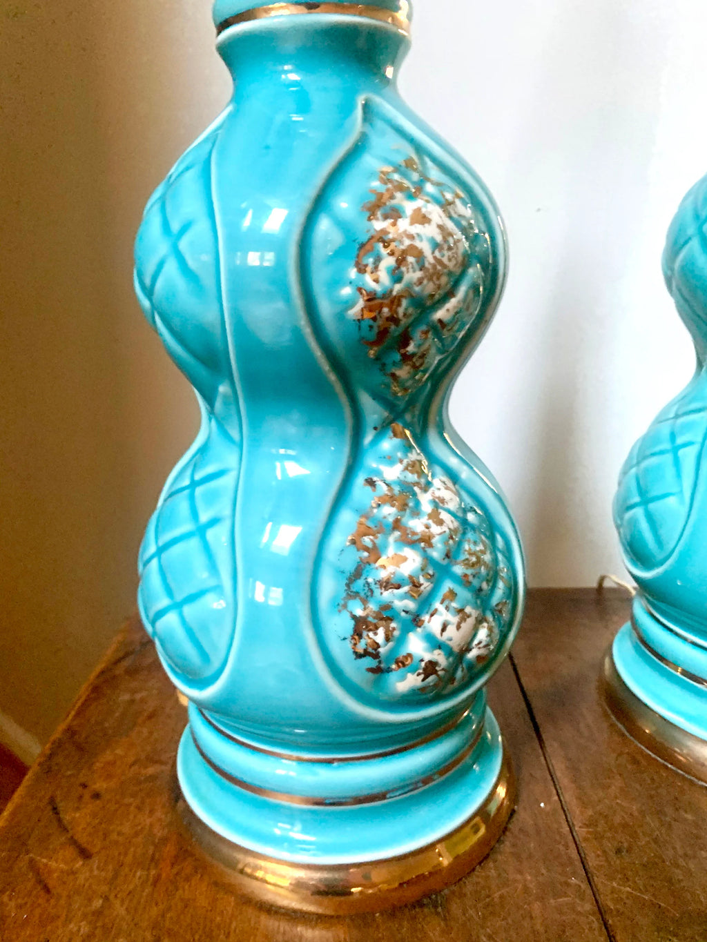Pair of Mid Century Ceramic Lamp | MCM Table Lamps | Vintage Turquoise Matching Desk Lamps | Art Deco Night Stand Lamps | Turquoise and Gold