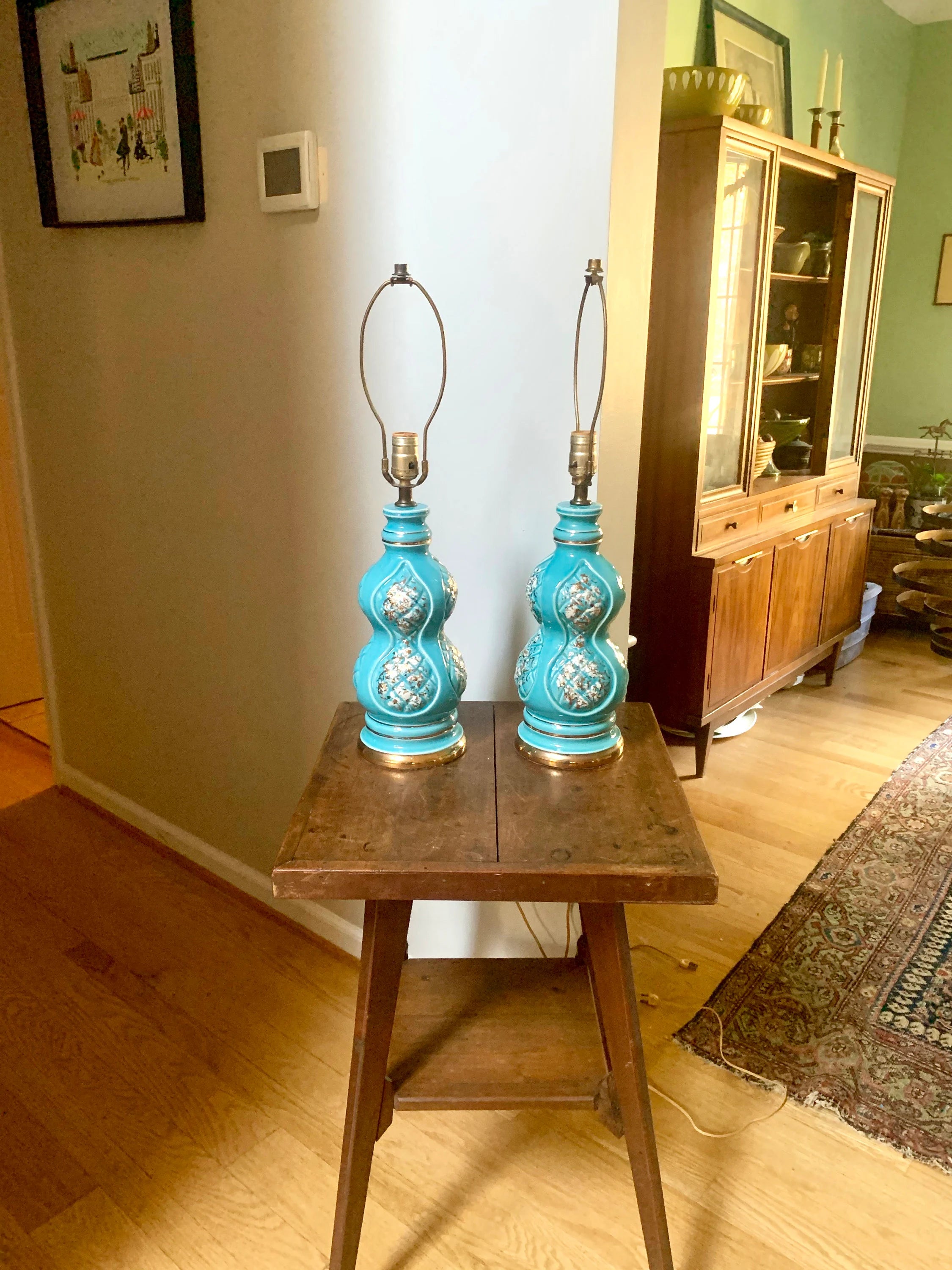 Pair of Mid Century Ceramic Lamp | MCM Table Lamps | Vintage Turquoise Matching Desk Lamps | Art Deco Night Stand Lamps | Turquoise and Gold