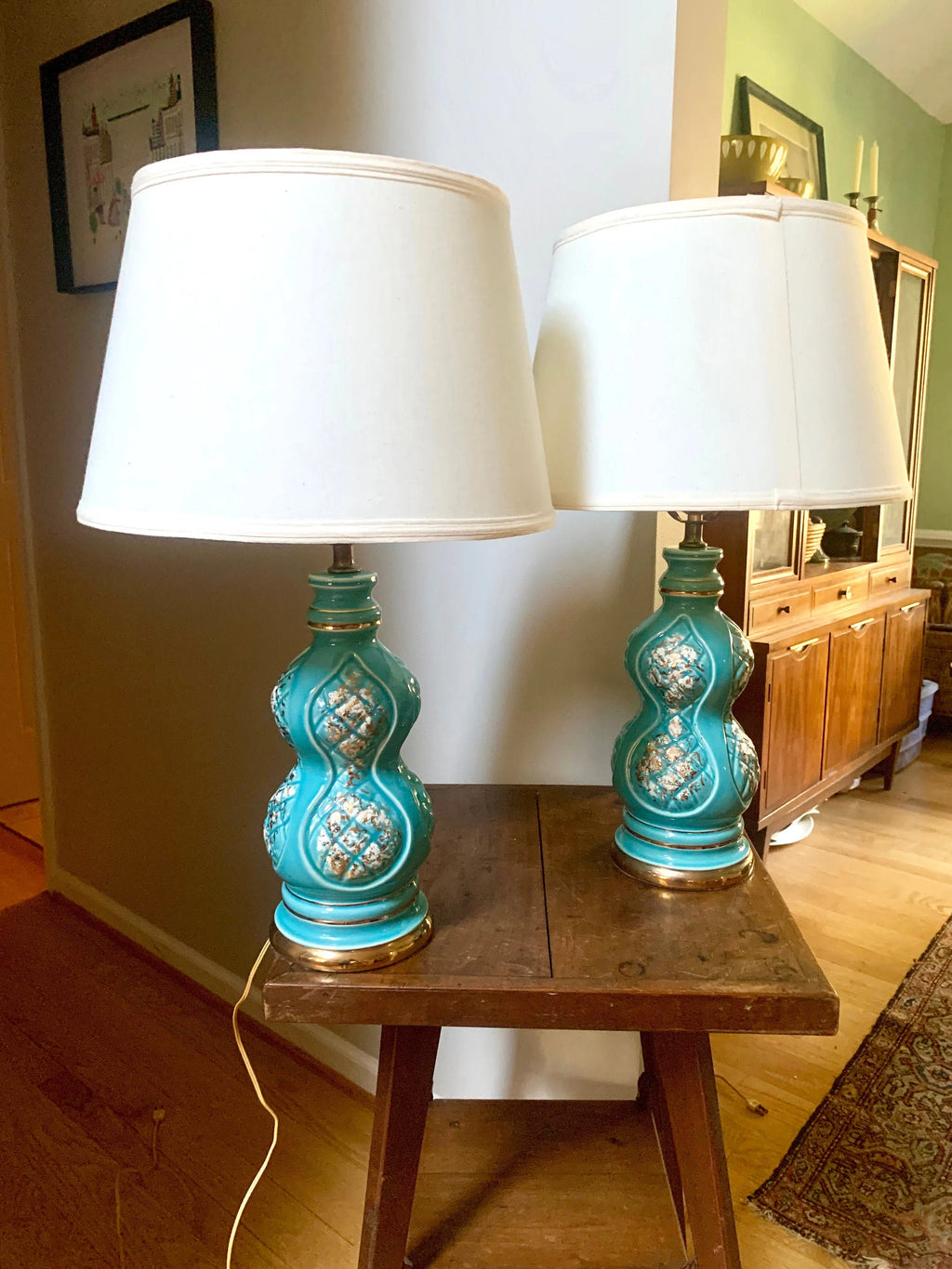 Pair of Mid Century Ceramic Lamp | MCM Table Lamps | Vintage Turquoise Matching Desk Lamps | Art Deco Night Stand Lamps | Turquoise and Gold