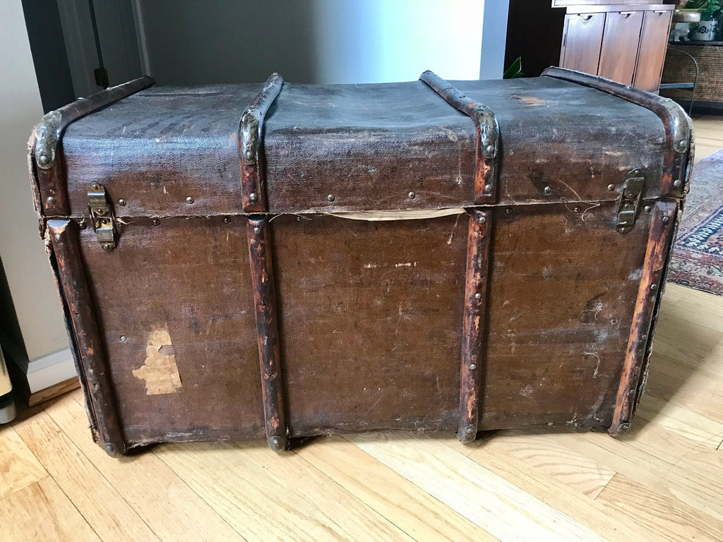 Antique Curved Chest | Canvas Steamer Trunk | Treasure Chest | Rustic Storage | Antique Steamer Chest