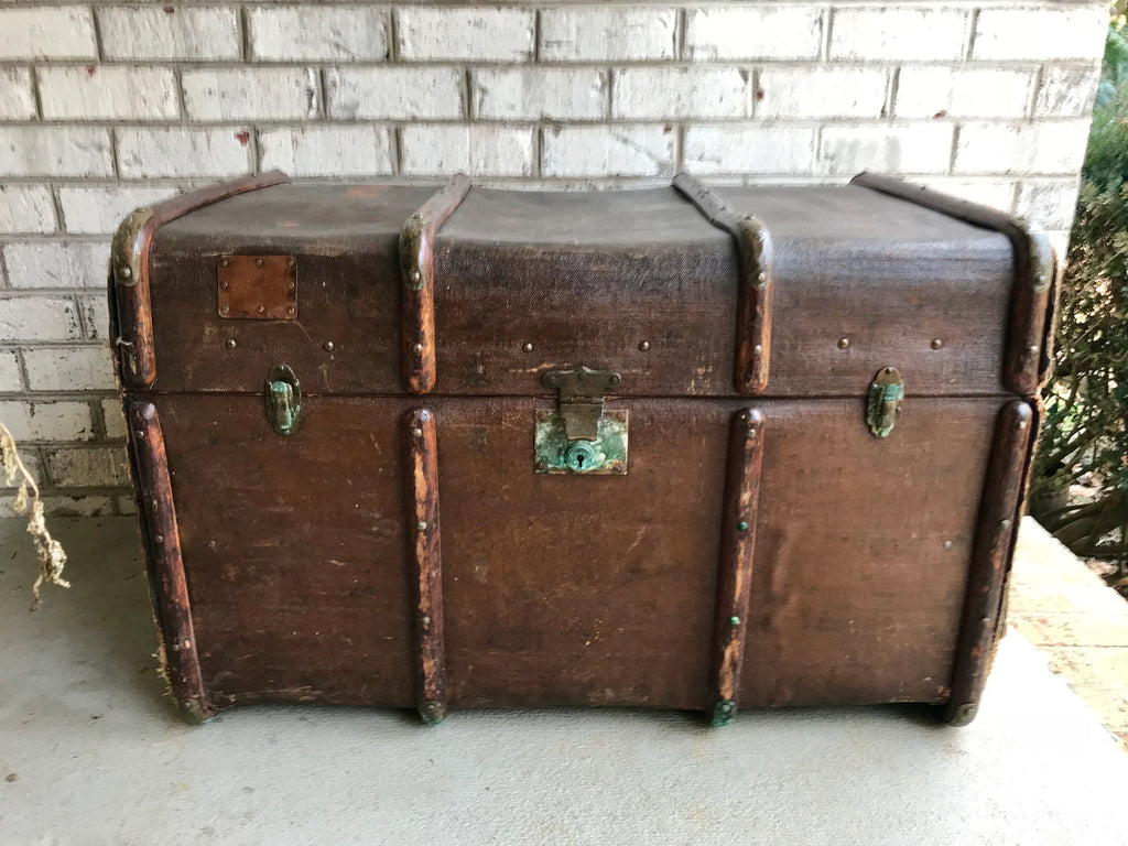 Antique Curved Chest | Canvas Steamer Trunk | Treasure Chest | Rustic Storage | Antique Steamer Chest