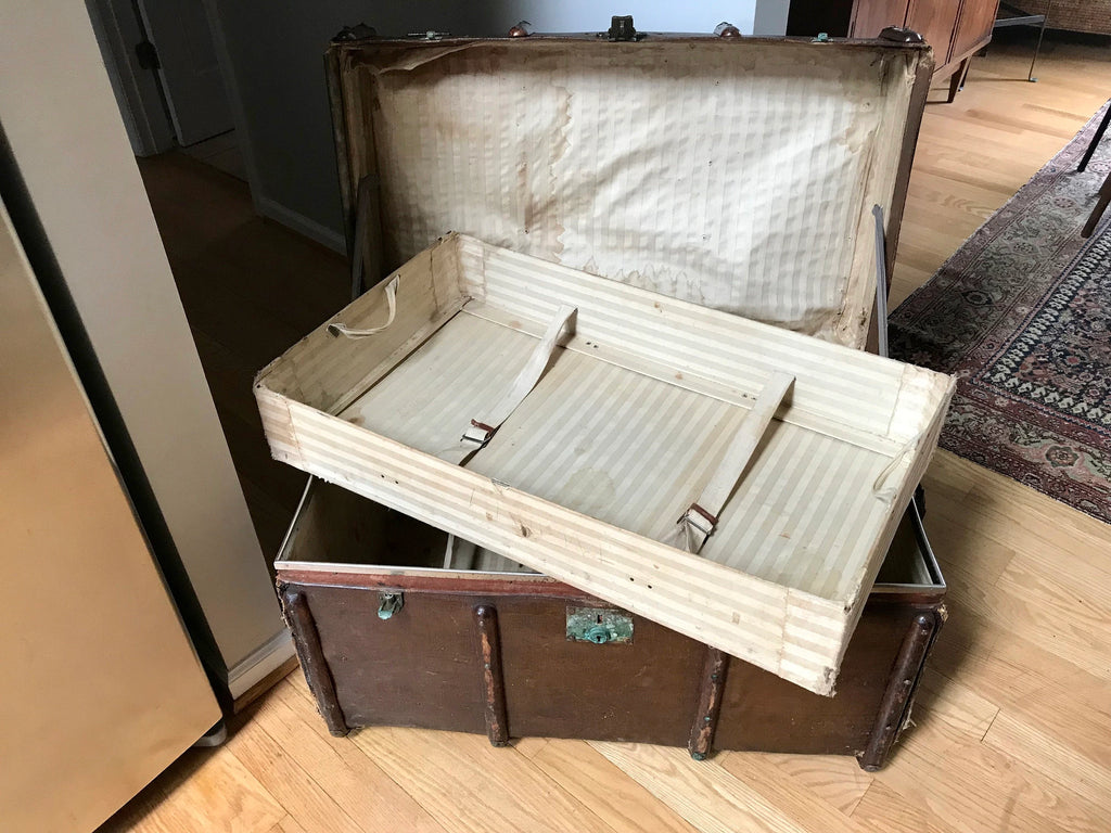 Antique Curved Chest | Canvas Steamer Trunk | Treasure Chest | Rustic Storage | Antique Steamer Chest