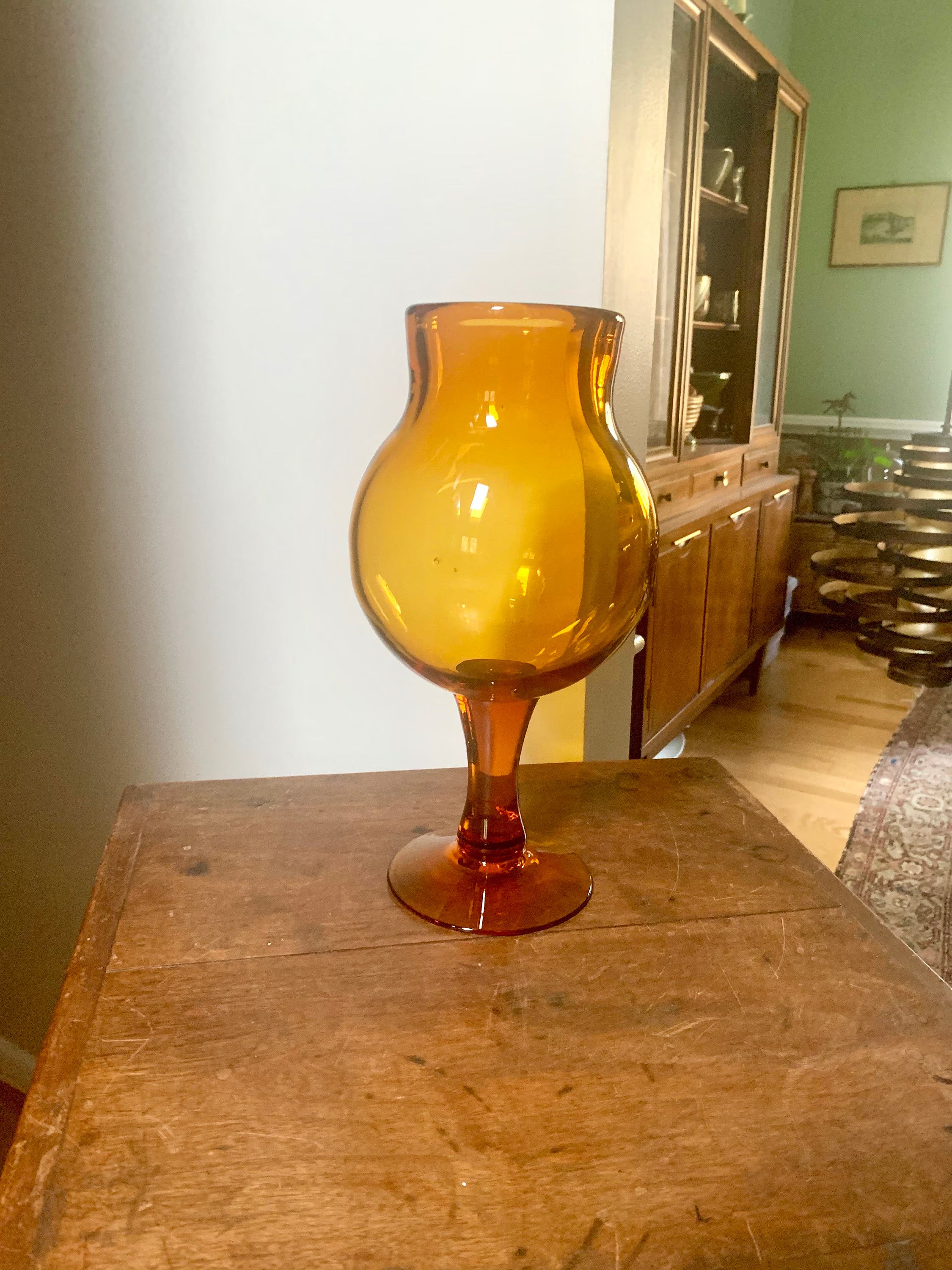 Large Amber Glass Vase | Vintage Thick Blenko Glass Vase | Large 14" Amber Pedestal Vase | Mid Century Modern Amber Vase | Handblown Glass