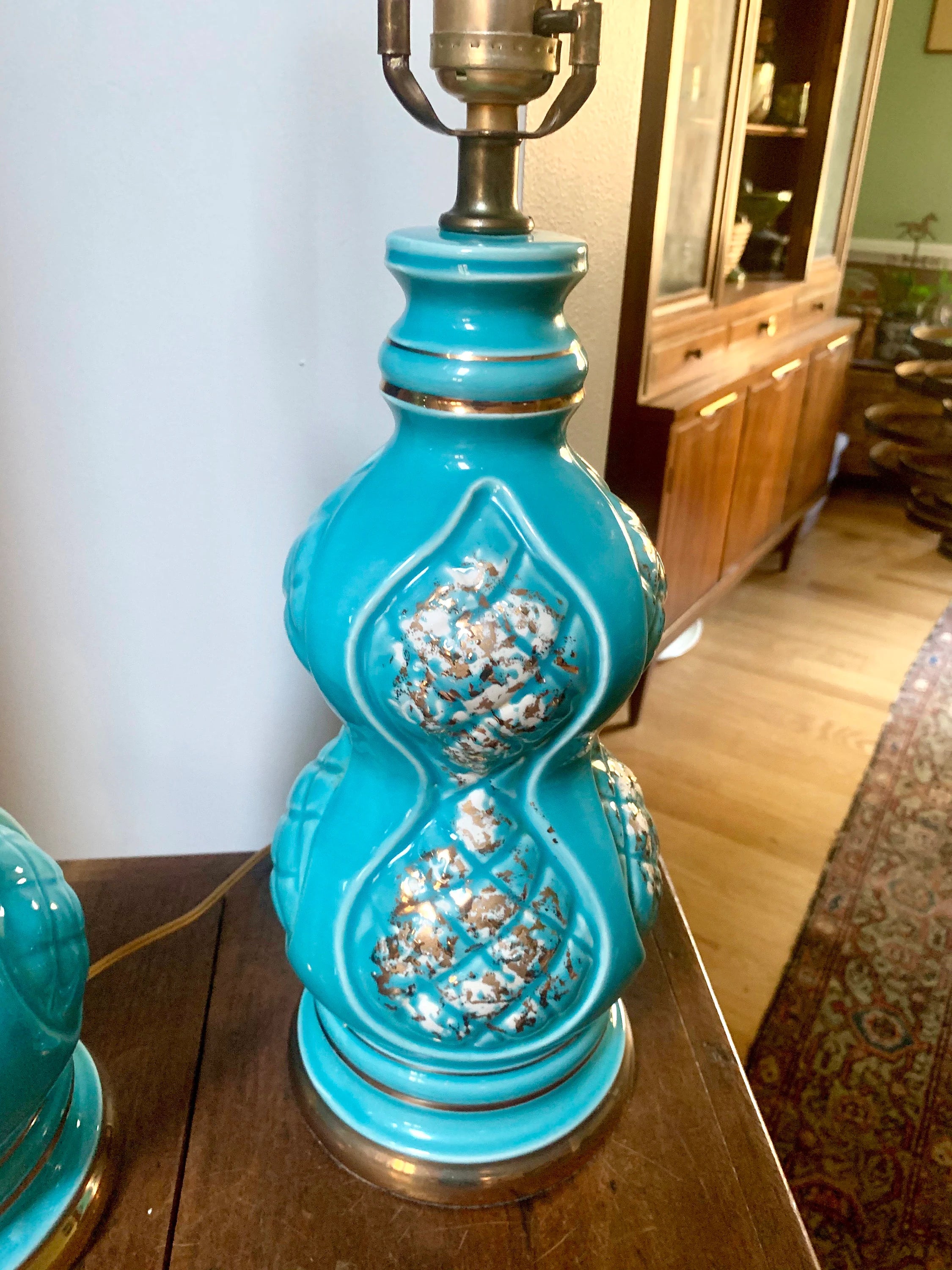 Pair of Mid Century Ceramic Lamp | MCM Table Lamps | Vintage Turquoise Matching Desk Lamps | Art Deco Night Stand Lamps | Turquoise and Gold