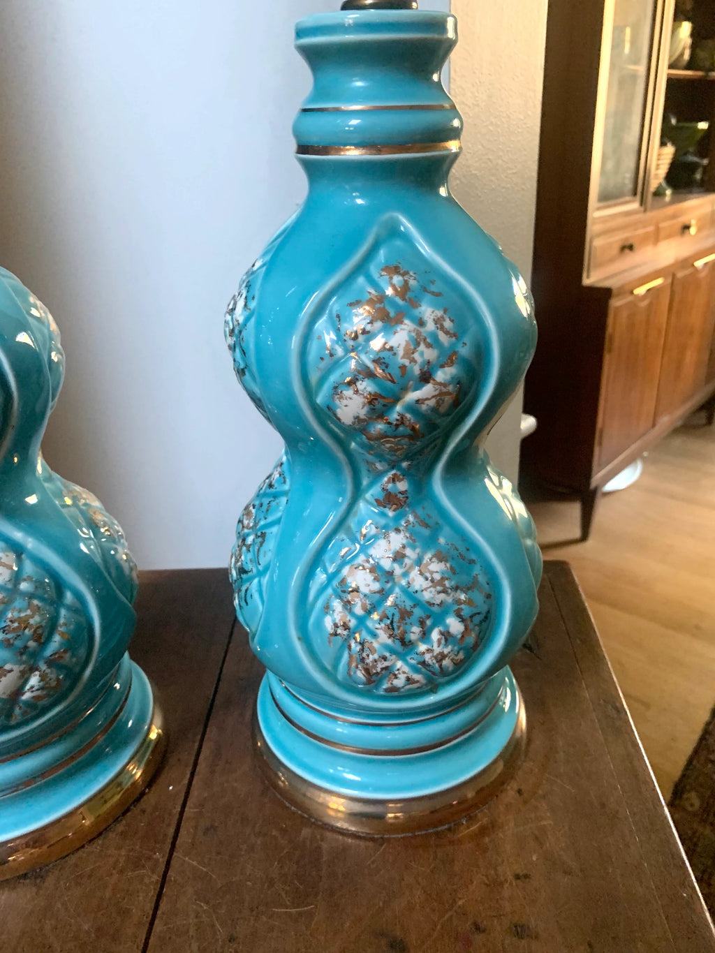 Pair of Mid Century Ceramic Lamp | MCM Table Lamps | Vintage Turquoise Matching Desk Lamps | Art Deco Night Stand Lamps | Turquoise and Gold