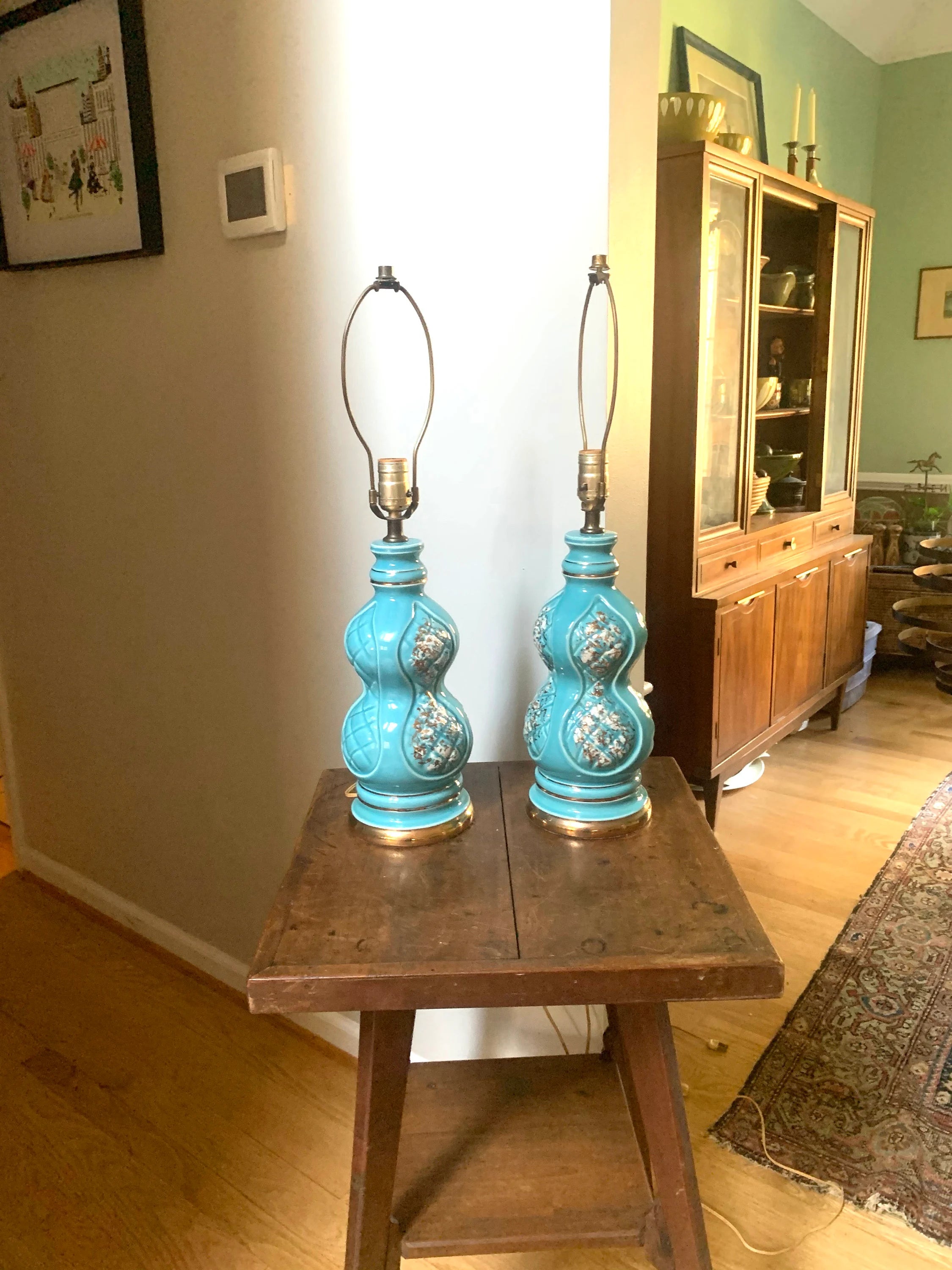Pair of Mid Century Ceramic Lamp | MCM Table Lamps | Vintage Turquoise Matching Desk Lamps | Art Deco Night Stand Lamps | Turquoise and Gold