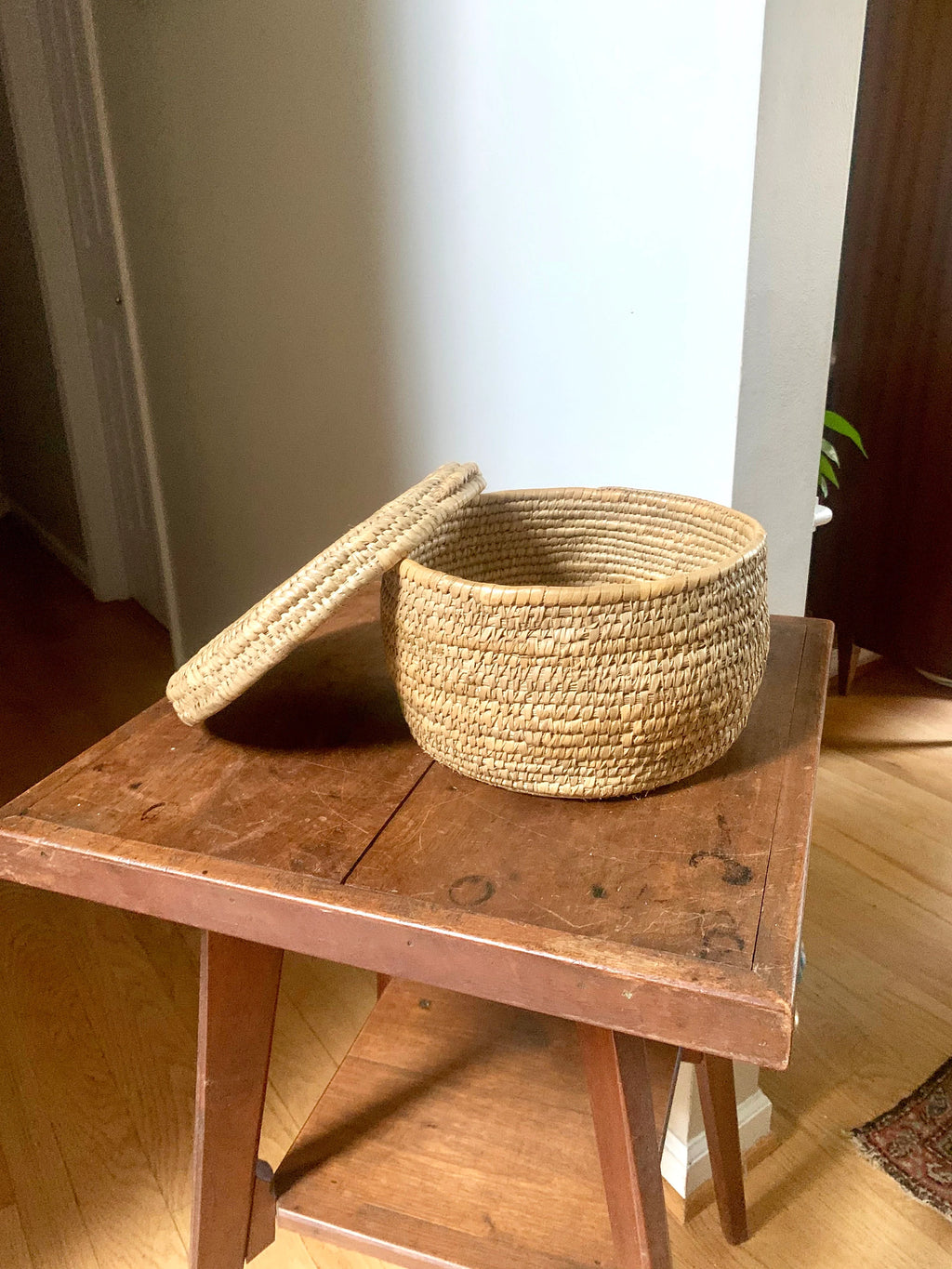 Small Round Coiled Sweetgrass Basket with Lid | Native American Woven Basket | Boho Decor | Boho Storage | Hand Woven Basket | Native Decor