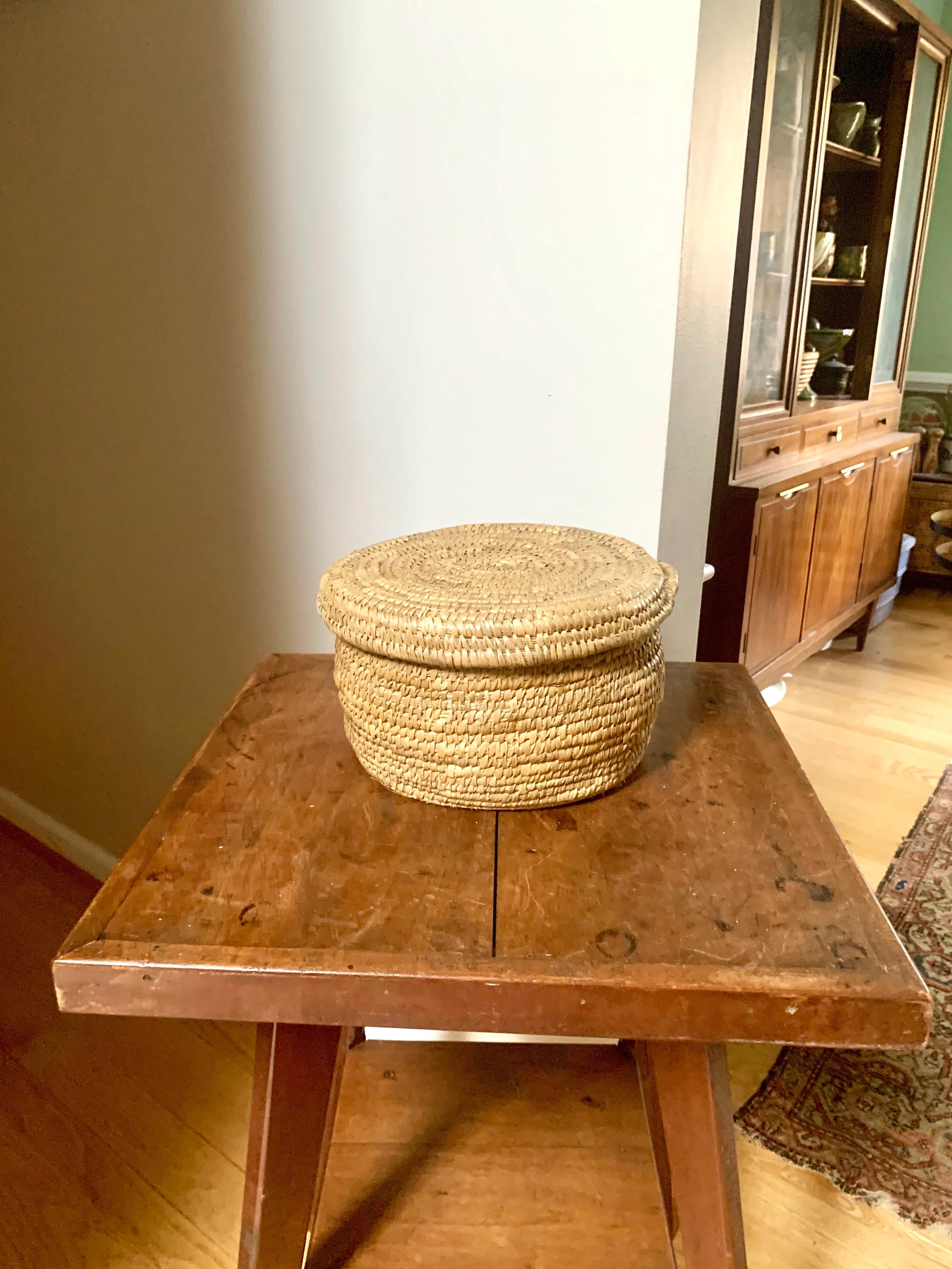 Small Round Coiled Sweetgrass Basket with Lid | Native American Woven Basket | Boho Decor | Boho Storage | Hand Woven Basket | Native Decor