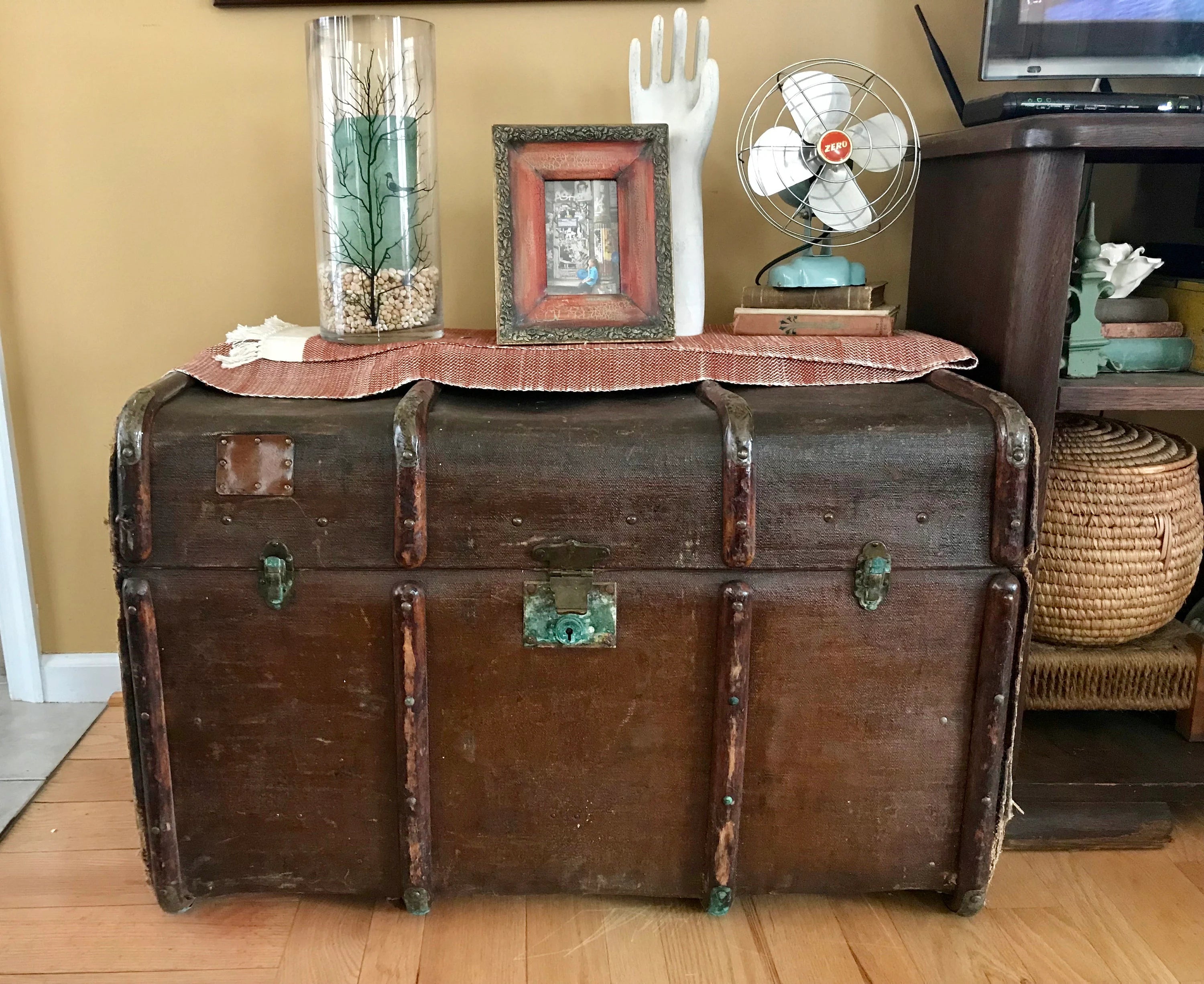 Antique Curved Chest | Canvas Steamer Trunk | Treasure Chest | Rustic Storage | Antique Steamer Chest