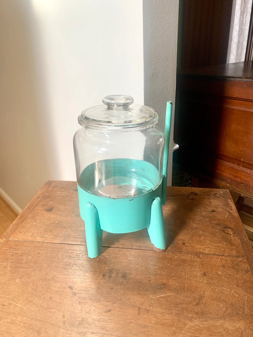 Vtg Glass Jar on Stand | C.G. Wood Company Jar | Storage Canister | Display Jar | Turquoise Kitchen Canister