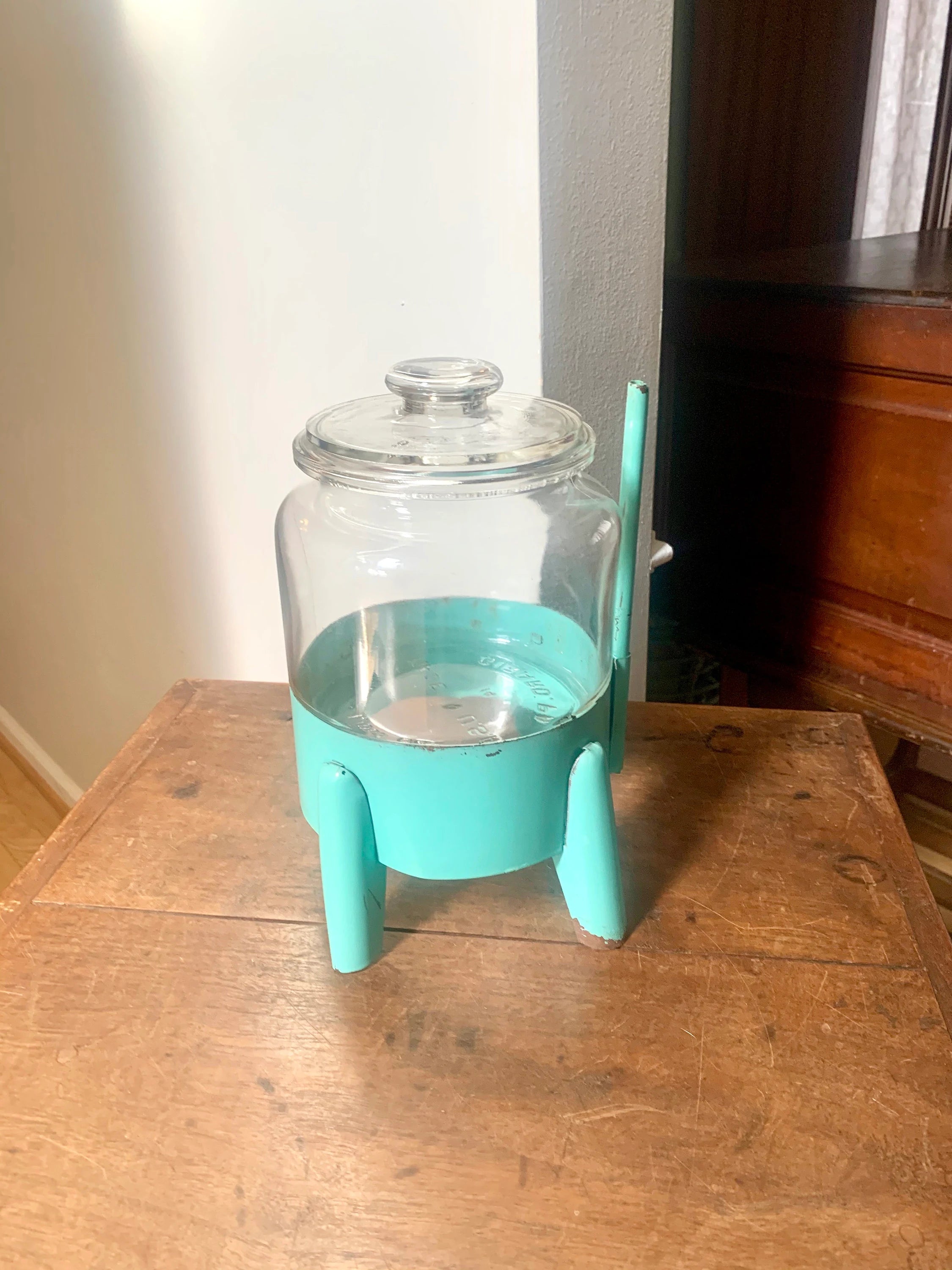 Vtg Glass Jar on Stand | C.G. Wood Company Jar | Storage Canister | Display Jar | Turquoise Kitchen Canister