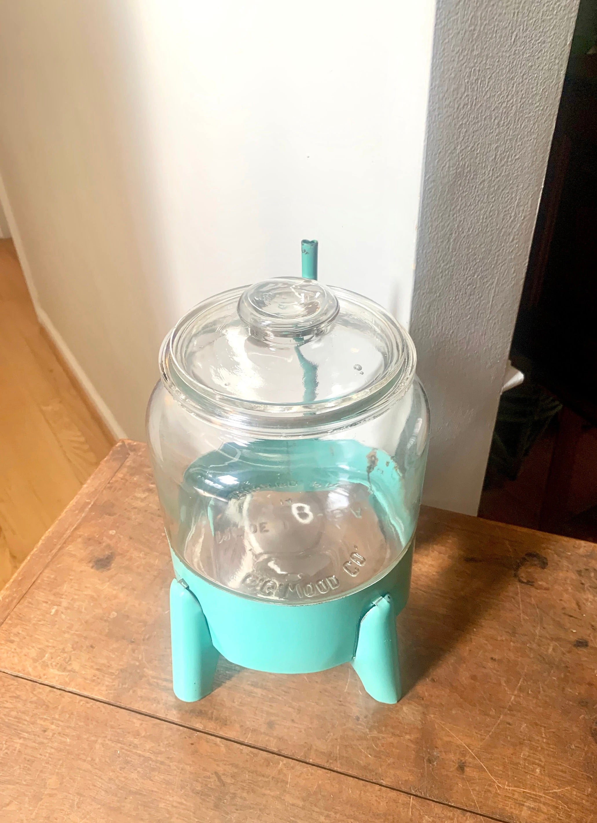 Vtg Glass Jar on Stand | C.G. Wood Company Jar | Storage Canister | Display Jar | Turquoise Kitchen Canister