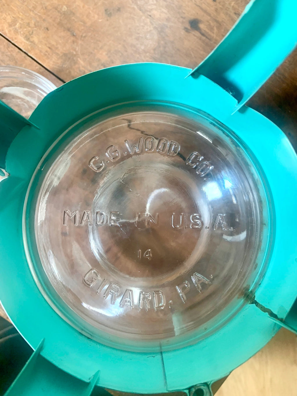 Vtg Glass Jar on Stand | C.G. Wood Company Jar | Storage Canister | Display Jar | Turquoise Kitchen Canister