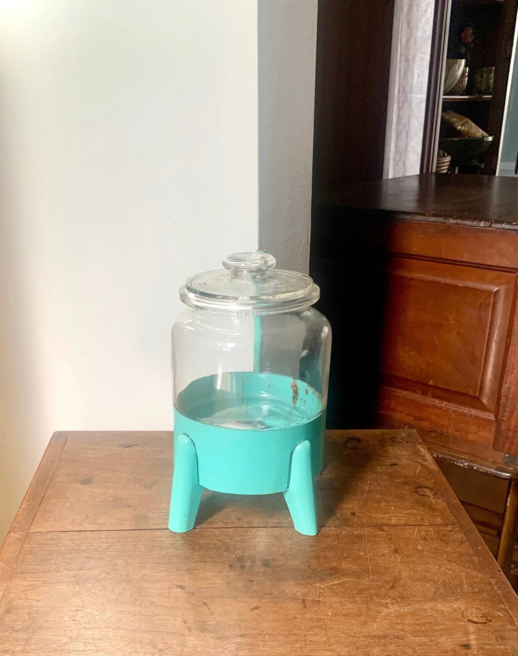 Vtg Glass Jar on Stand | C.G. Wood Company Jar | Storage Canister | Display Jar | Turquoise Kitchen Canister