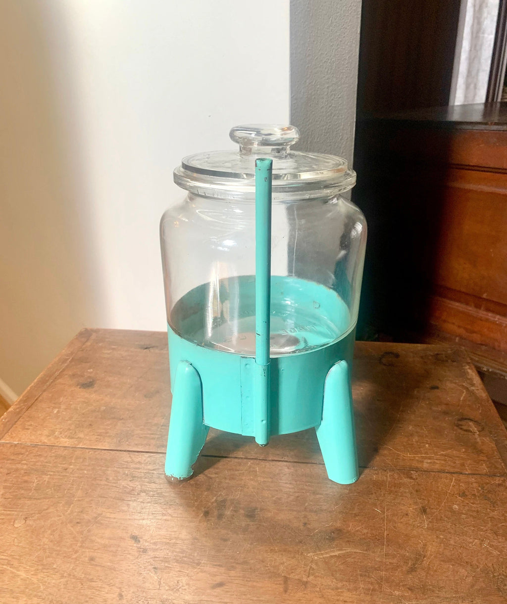 Vtg Glass Jar on Stand | C.G. Wood Company Jar | Storage Canister | Display Jar | Turquoise Kitchen Canister