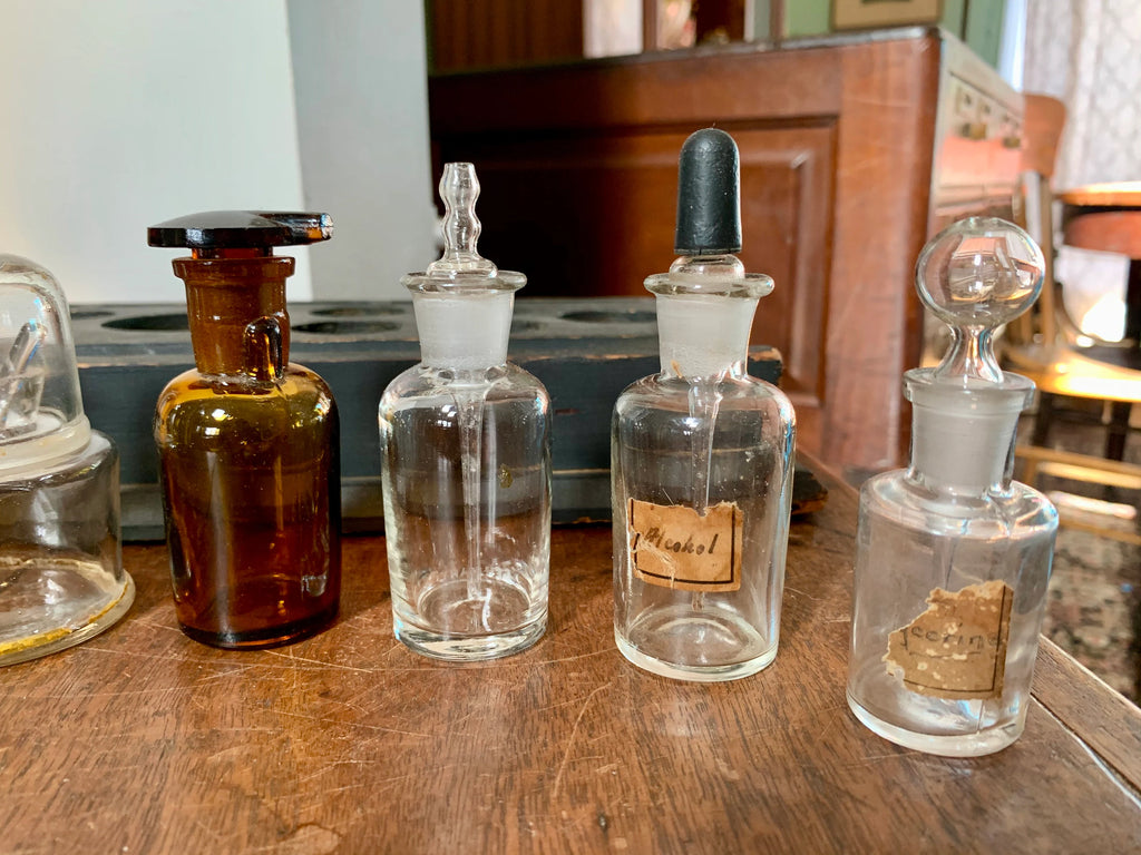 Antique Glass Medicine Bottles and Wood Tray | Old Medicine Bottles and Droppers | Apothecary Medicine Bottles | Antique Pharmacy Drug Store