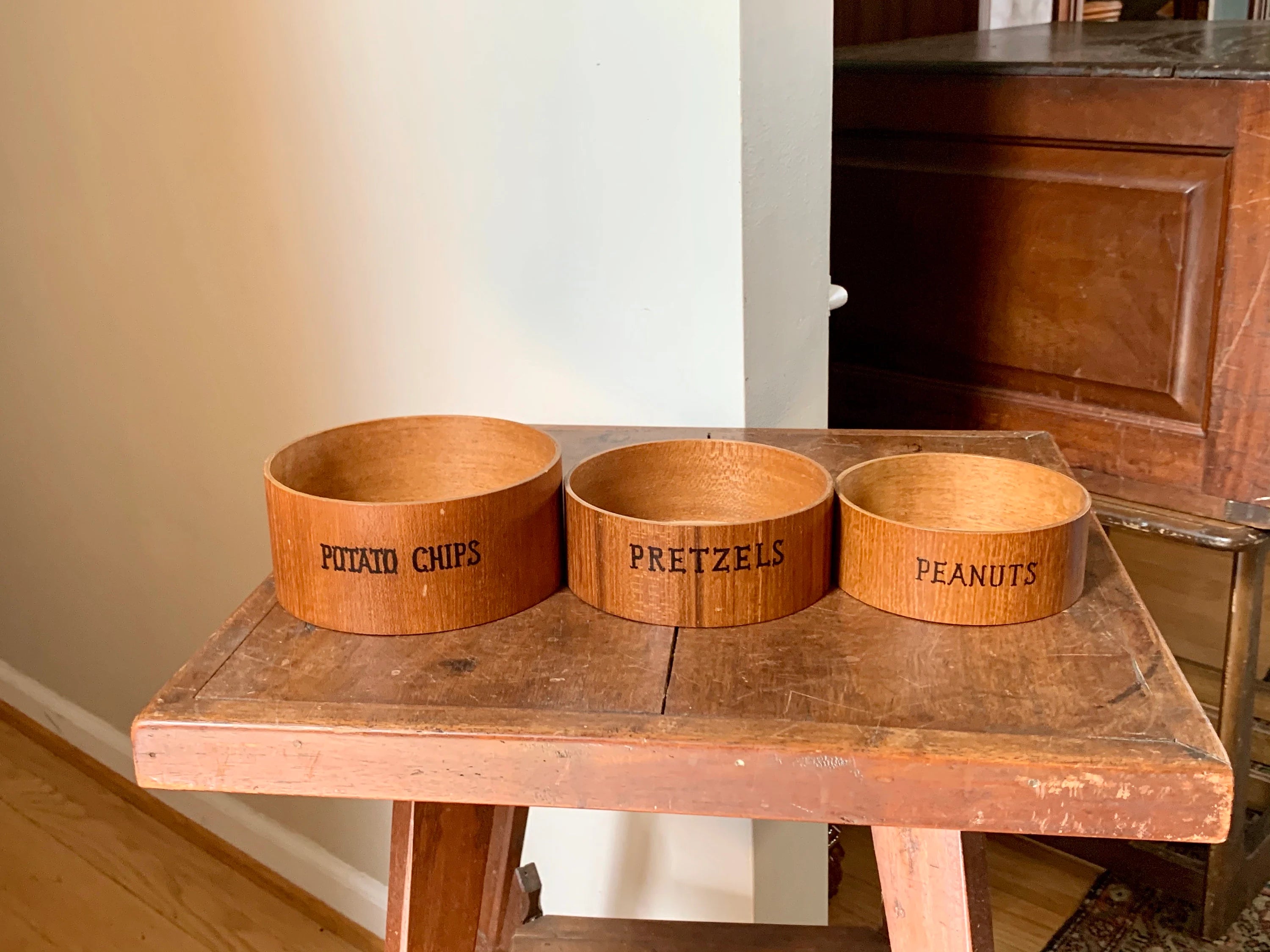 3 Vintage Wood Snack Bowls | Potato, Pretzels and Peanuts Bowls | Happy Hour Snack Bowls | Wooden Italian Nesting Snack Bowls | Man Cave Decor