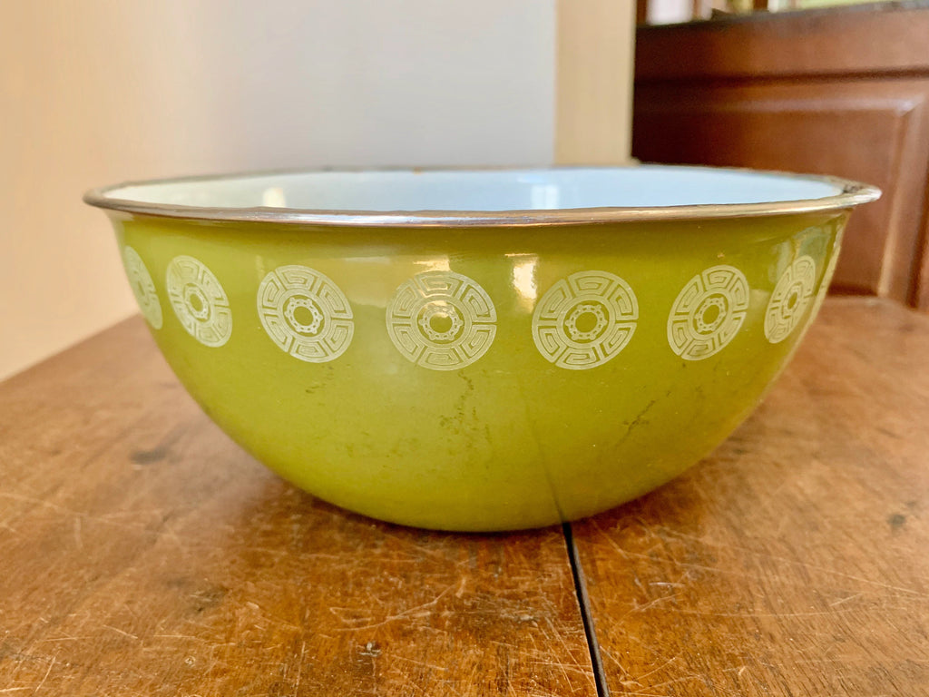 Vintage Green Enamel Bowl With Silver Lip | Avocado Green Distressed Enamel Bowl | Olive Green Enamel Salad Bowl