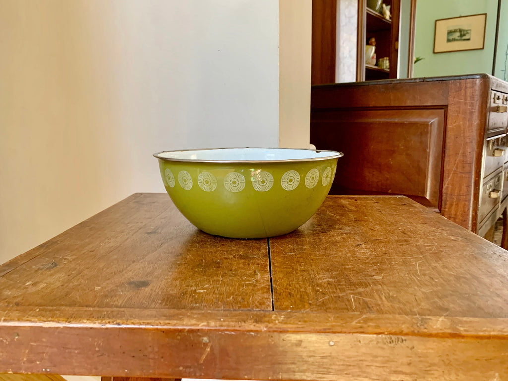 Vintage Green Enamel Bowl With Silver Lip | Avocado Green Distressed Enamel Bowl | Olive Green Enamel Salad Bowl