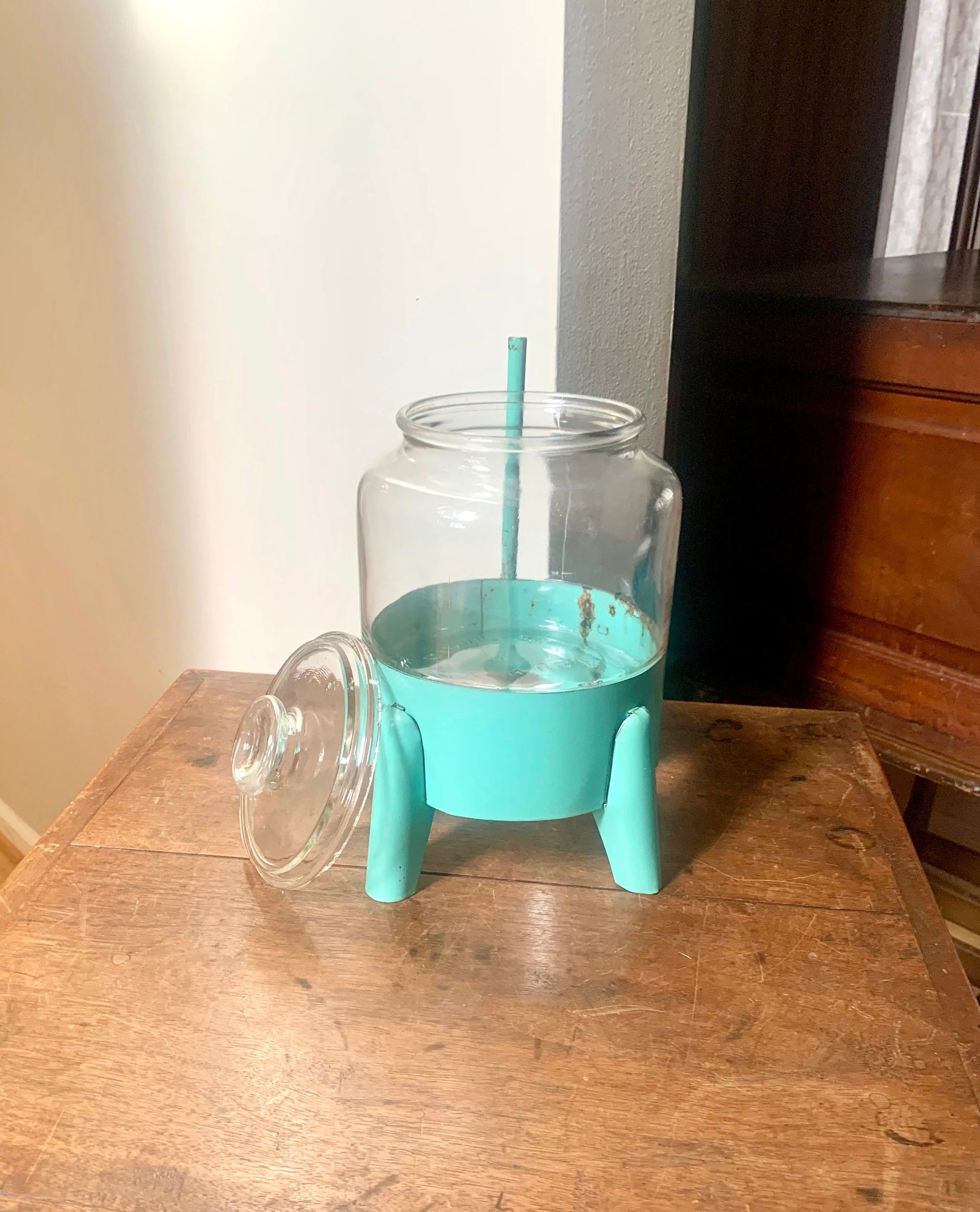 Vtg Glass Jar on Stand | C.G. Wood Company Jar | Storage Canister | Display Jar | Turquoise Kitchen Canister