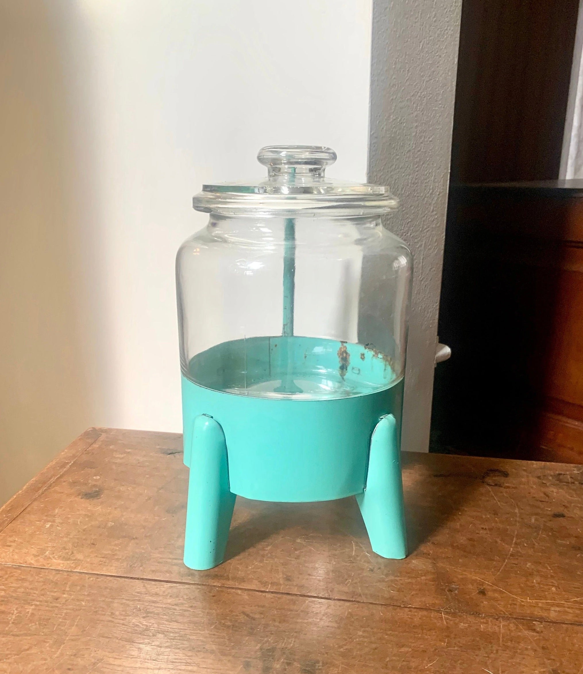 Vtg Glass Jar on Stand | C.G. Wood Company Jar | Storage Canister | Display Jar | Turquoise Kitchen Canister