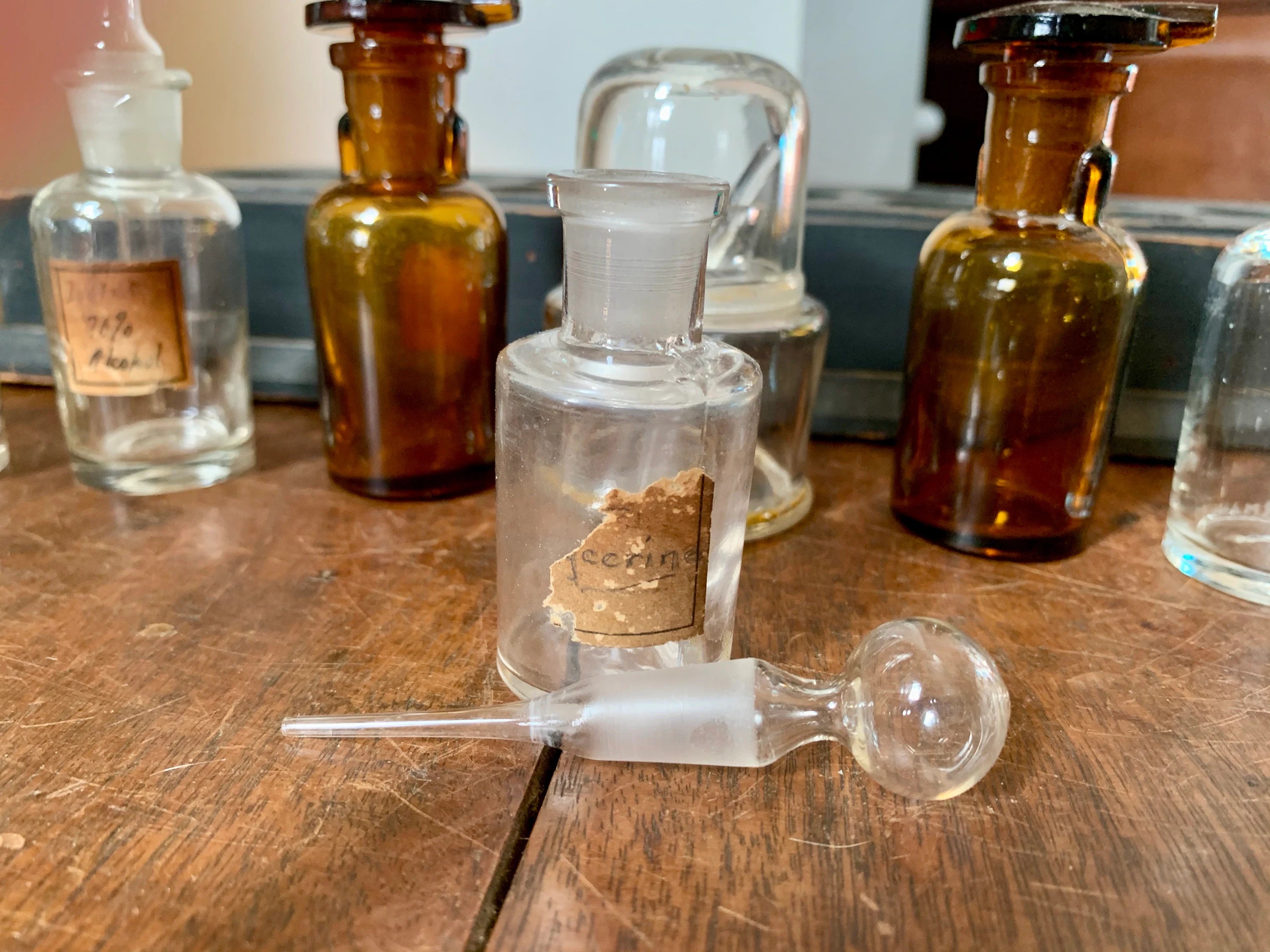 Antique Glass Medicine Bottles and Wood Tray | Old Medicine Bottles and Droppers | Apothecary Medicine Bottles | Antique Pharmacy Drug Store