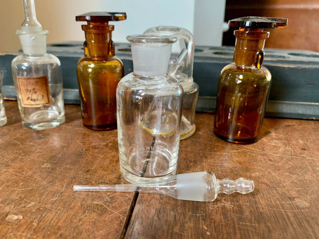 Antique Glass Medicine Bottles and Wood Tray | Old Medicine Bottles and Droppers | Apothecary Medicine Bottles | Antique Pharmacy Drug Store