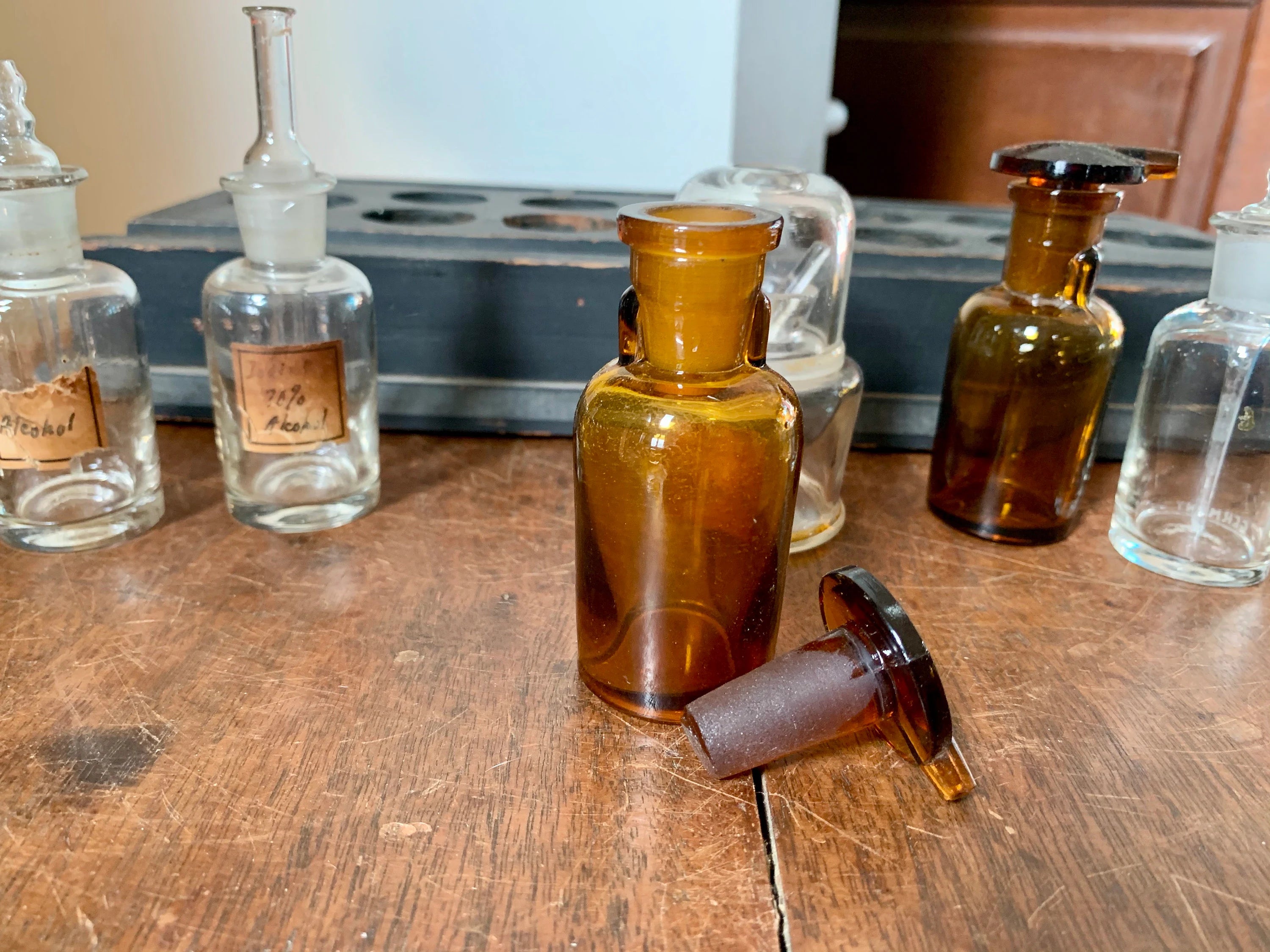Antique Glass Medicine Bottles and Wood Tray | Old Medicine Bottles and Droppers | Apothecary Medicine Bottles | Antique Pharmacy Drug Store