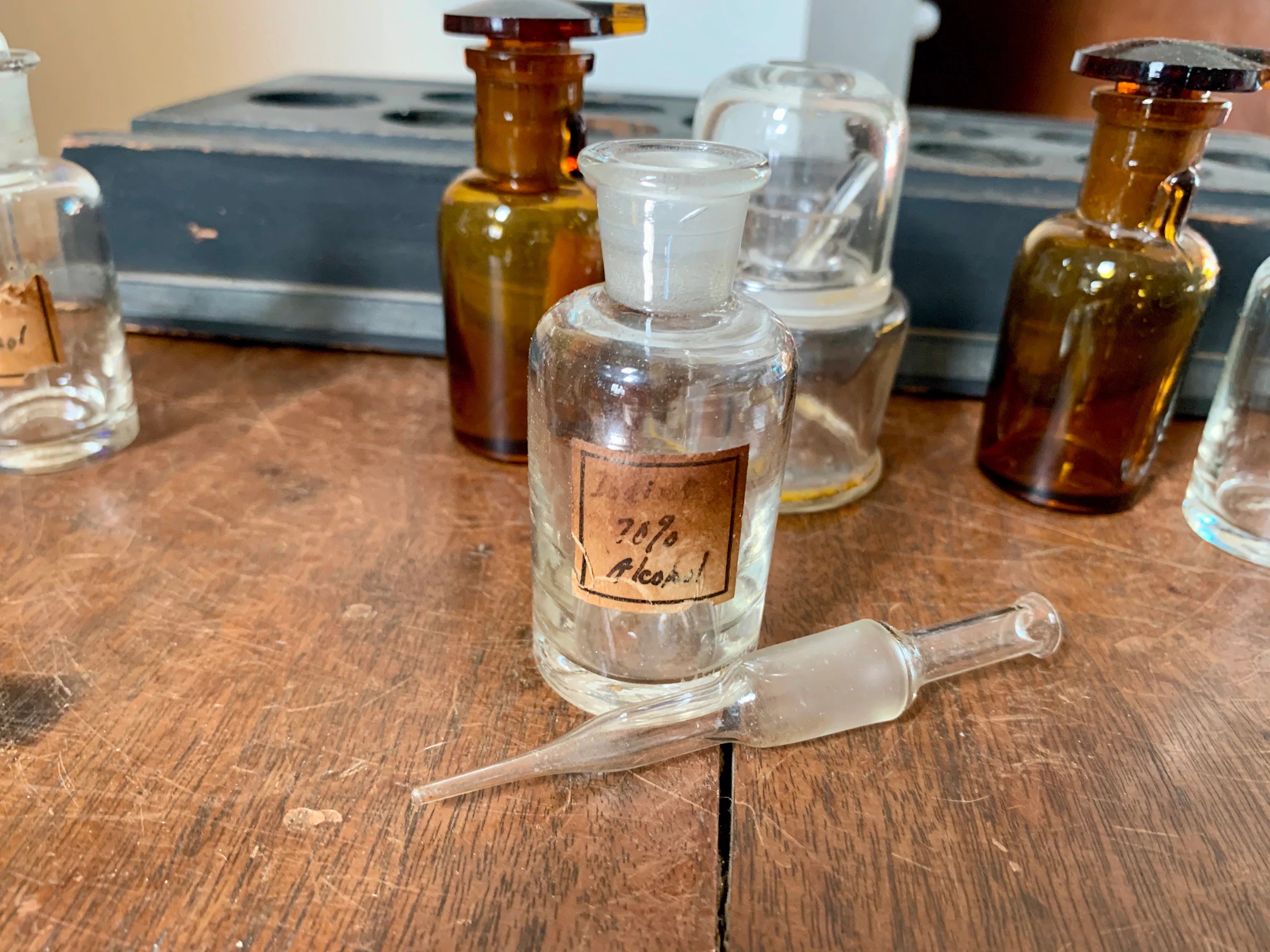 Antique Glass Medicine Bottles and Wood Tray | Old Medicine Bottles and Droppers | Apothecary Medicine Bottles | Antique Pharmacy Drug Store
