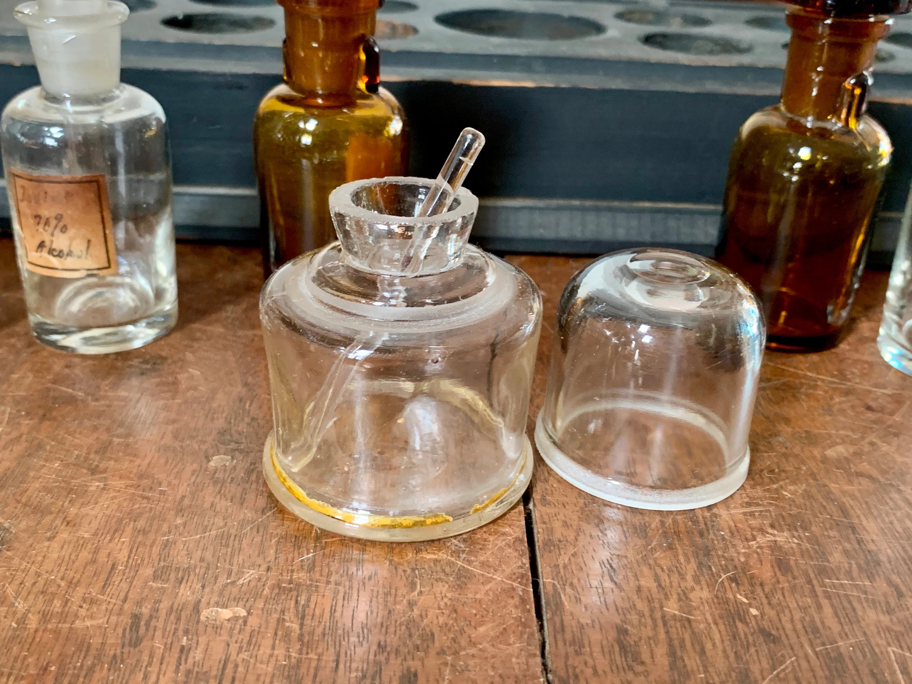 Antique Glass Medicine Bottles and Wood Tray | Old Medicine Bottles and Droppers | Apothecary Medicine Bottles | Antique Pharmacy Drug Store