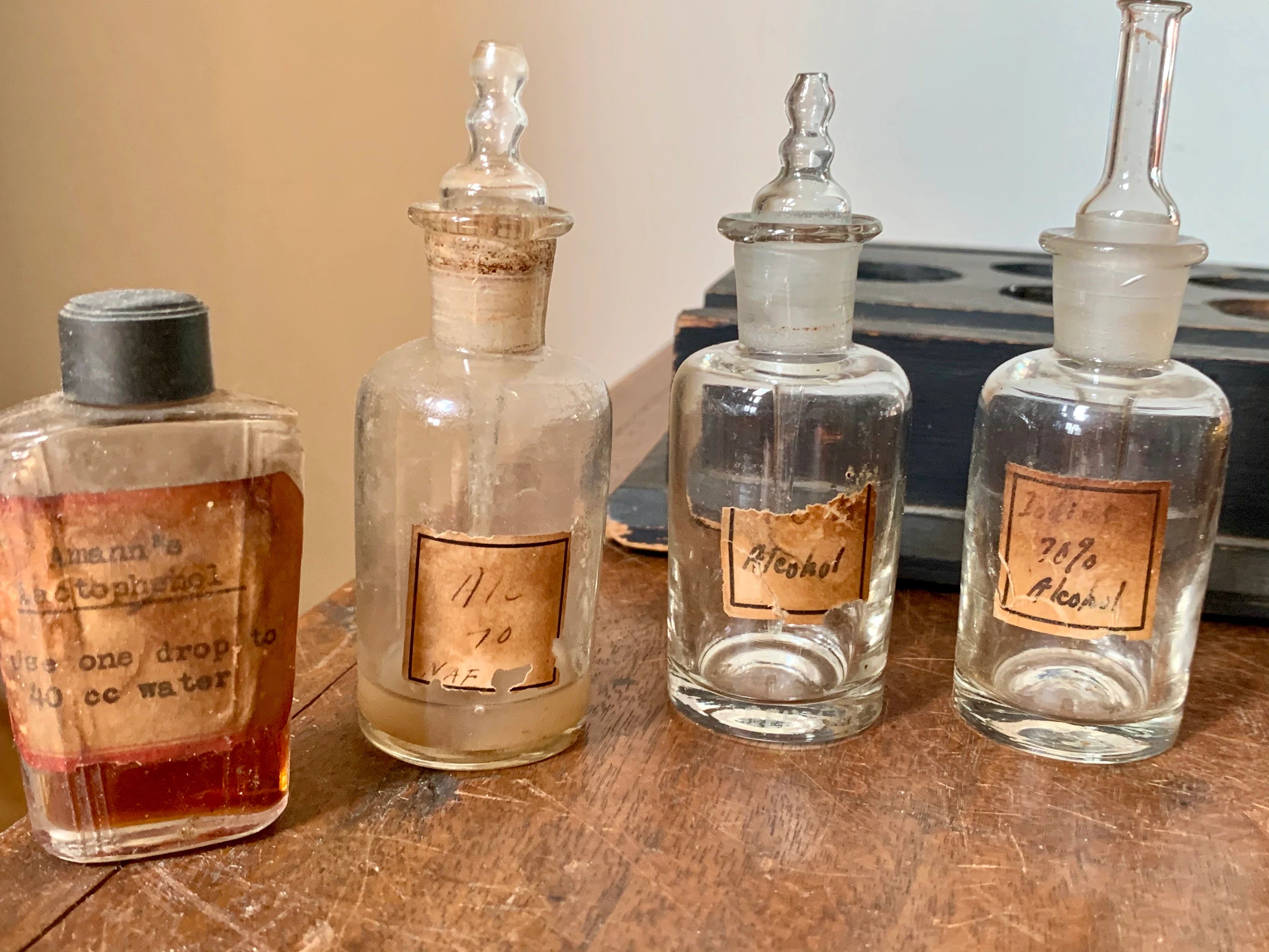 Antique Glass Medicine Bottles and Wood Tray | Old Medicine Bottles and Droppers | Apothecary Medicine Bottles | Antique Pharmacy Drug Store