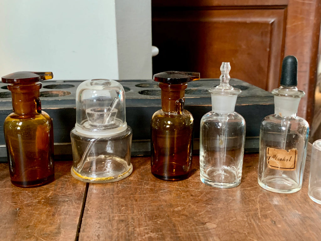 Antique Glass Medicine Bottles and Wood Tray | Old Medicine Bottles and Droppers | Apothecary Medicine Bottles | Antique Pharmacy Drug Store
