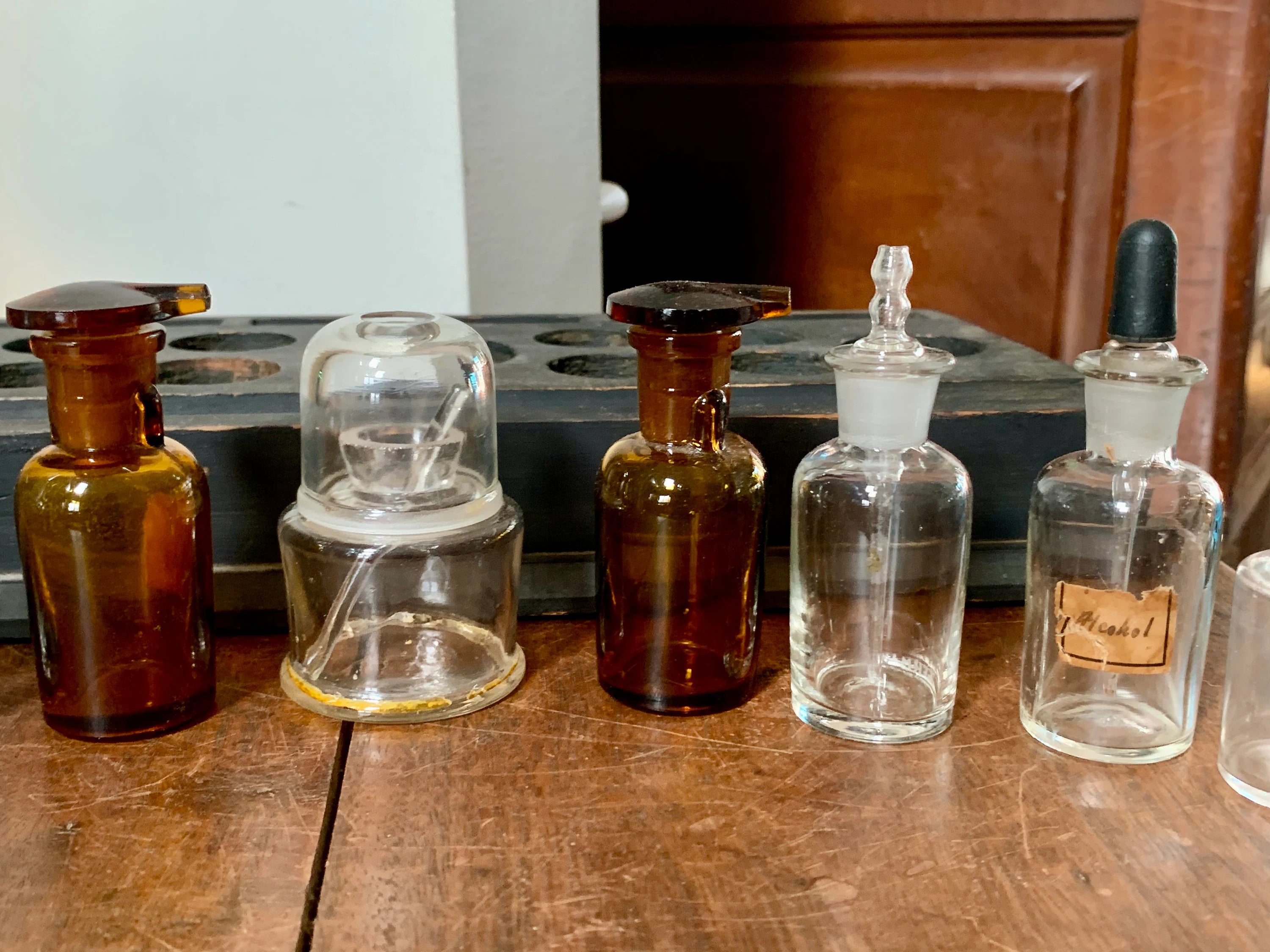 Antique Glass Medicine Bottles and Wood Tray | Old Medicine Bottles and Droppers | Apothecary Medicine Bottles | Antique Pharmacy Drug Store
