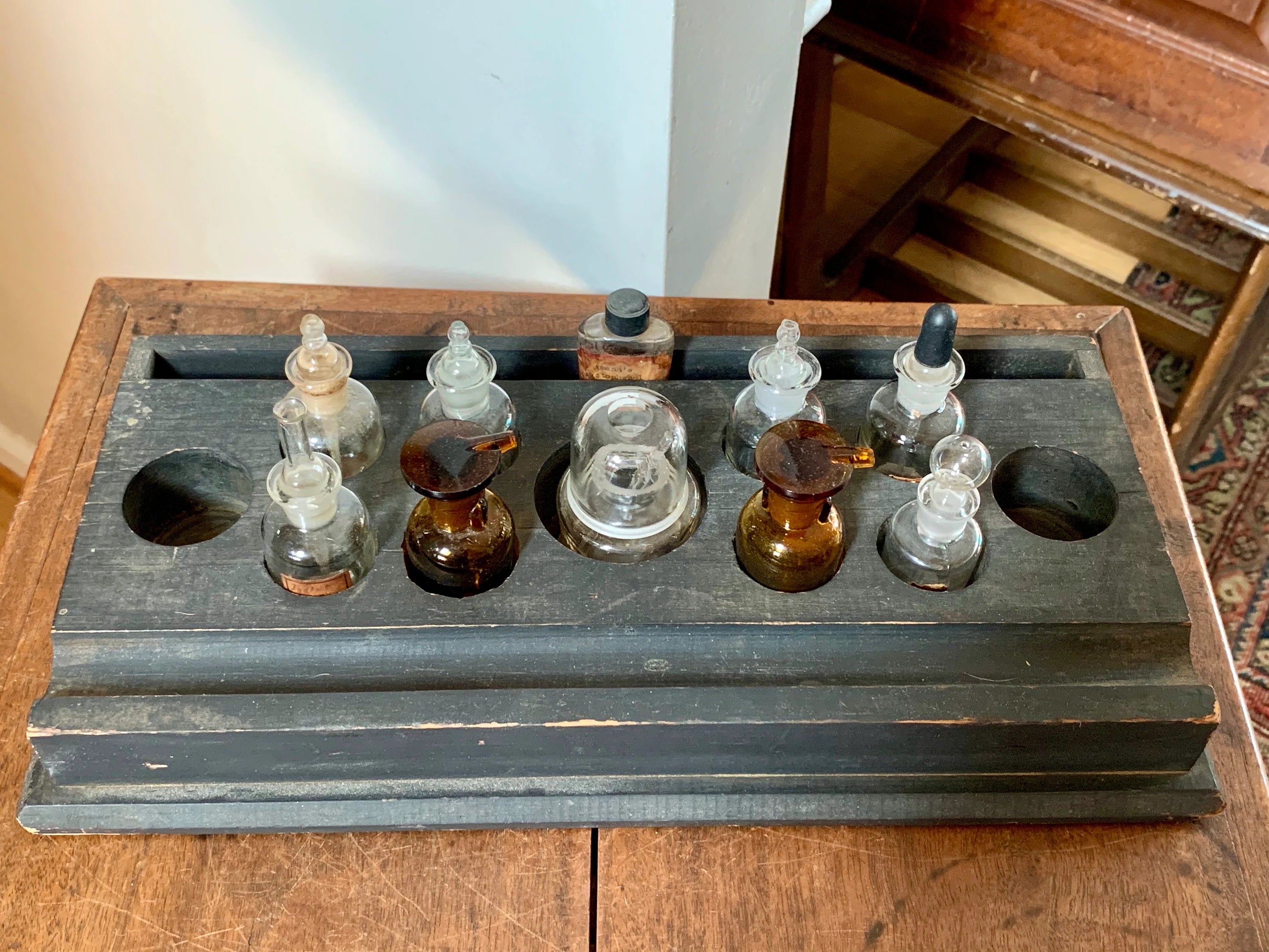 Antique Glass Medicine Bottles and Wood Tray | Old Medicine Bottles and Droppers | Apothecary Medicine Bottles | Antique Pharmacy Drug Store