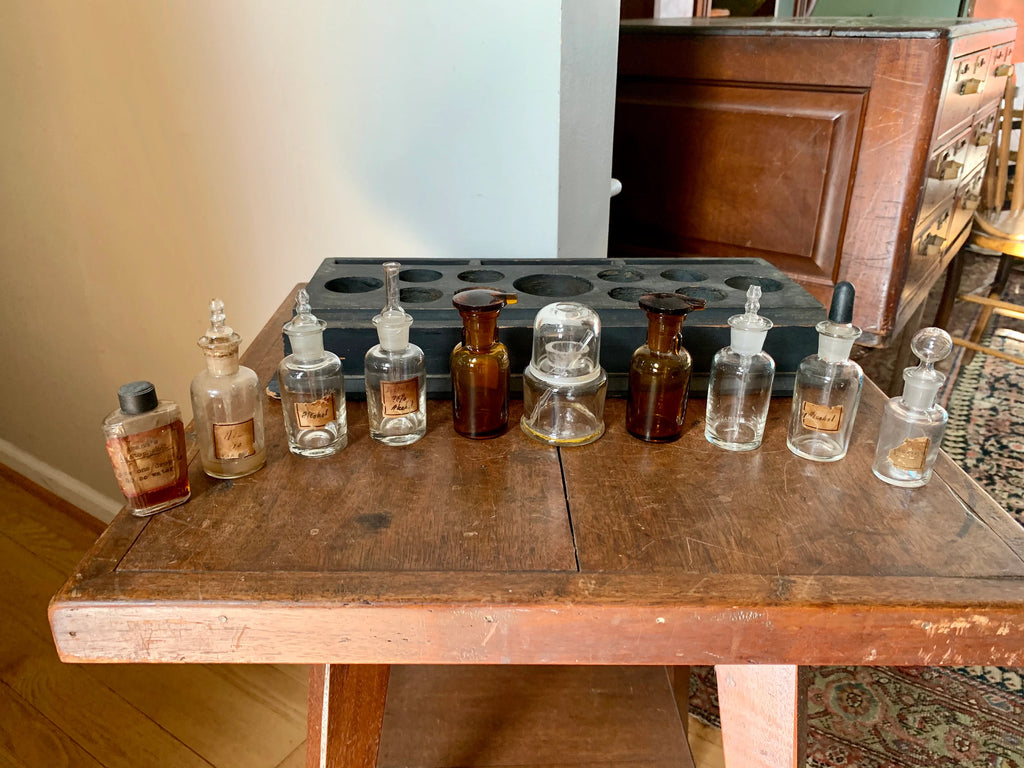 Antique Glass Medicine Bottles and Wood Tray | Old Medicine Bottles and Droppers | Apothecary Medicine Bottles | Antique Pharmacy Drug Store