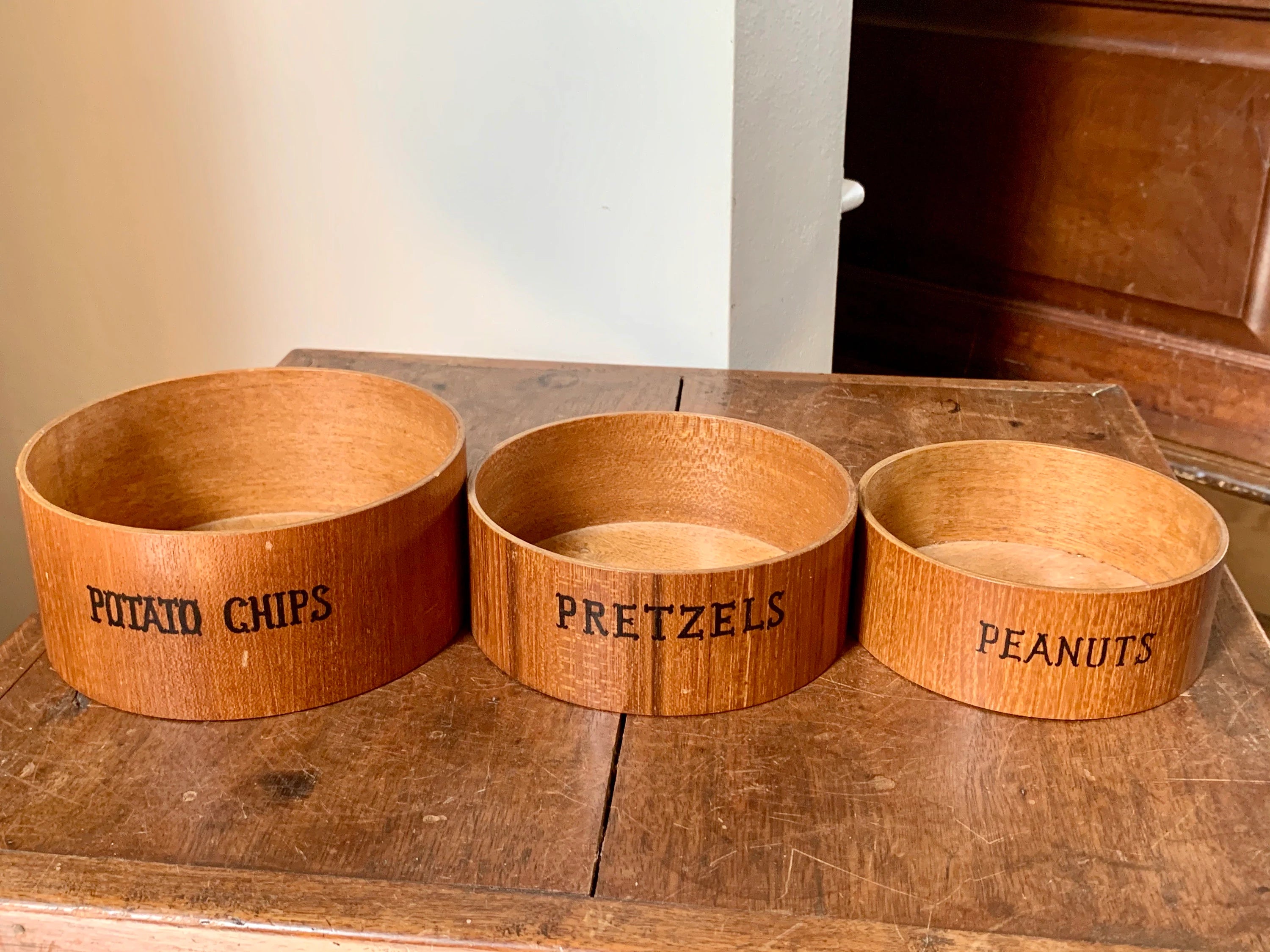 3 Vintage Wood Snack Bowls | Potato, Pretzels and Peanuts Bowls | Happy Hour Snack Bowls | Wooden Italian Nesting Snack Bowls | Man Cave Decor