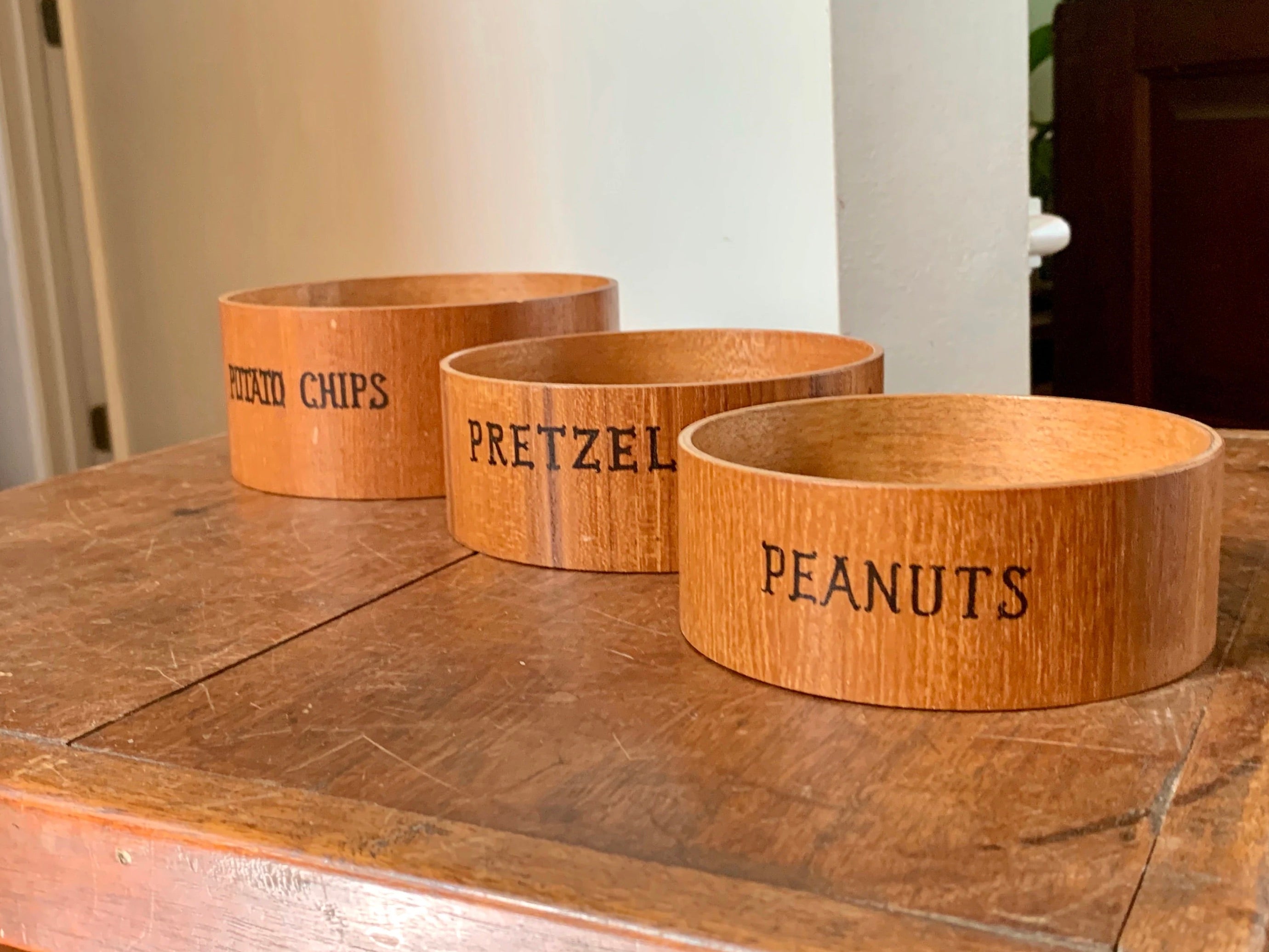 3 Vintage Wood Snack Bowls | Potato, Pretzels and Peanuts Bowls | Happy Hour Snack Bowls | Wooden Italian Nesting Snack Bowls | Man Cave Decor