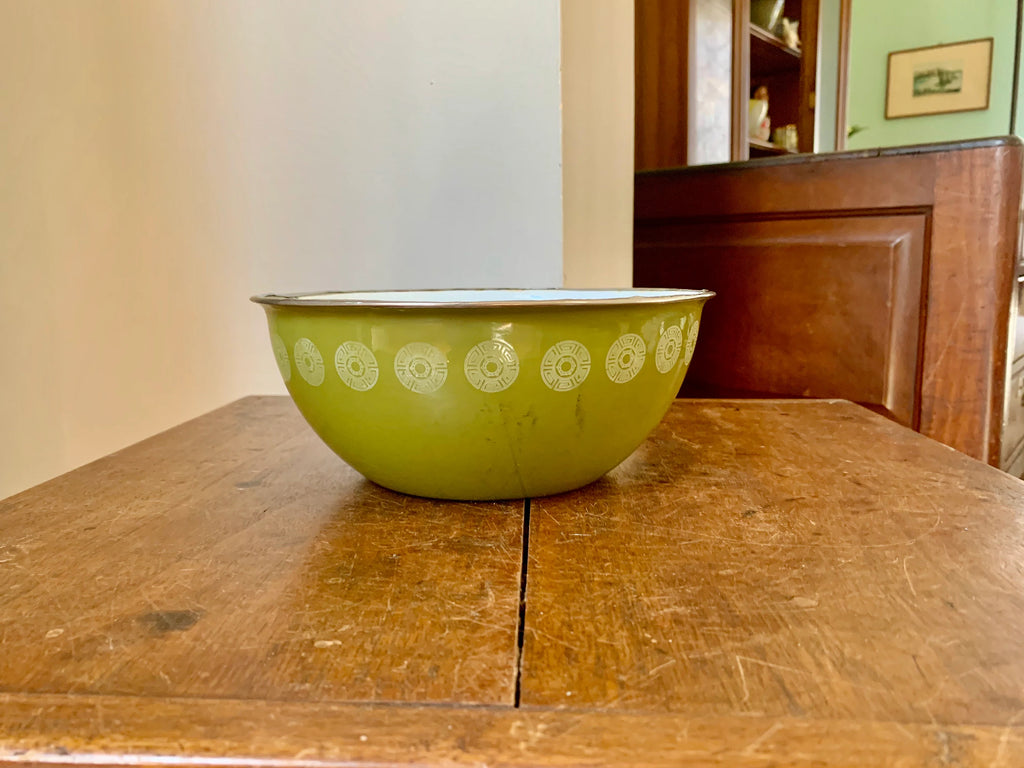 Vintage Green Enamel Bowl With Silver Lip | Avocado Green Distressed Enamel Bowl | Olive Green Enamel Salad Bowl