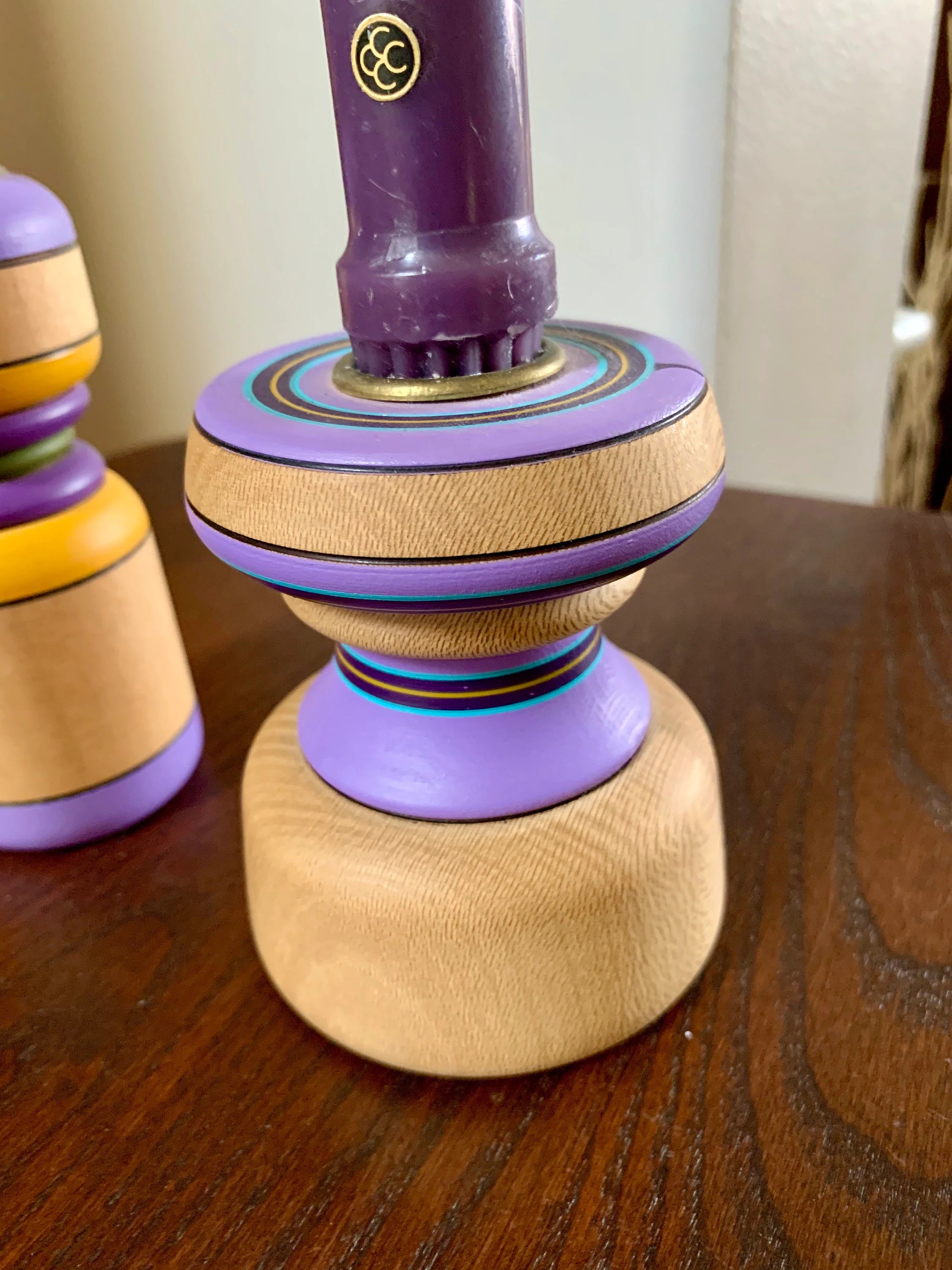 Vtg Turned Wood Candle Holders | Hand Painted Wood Candle Holders | Mid Century Candle Holders | Purple Candlesticks