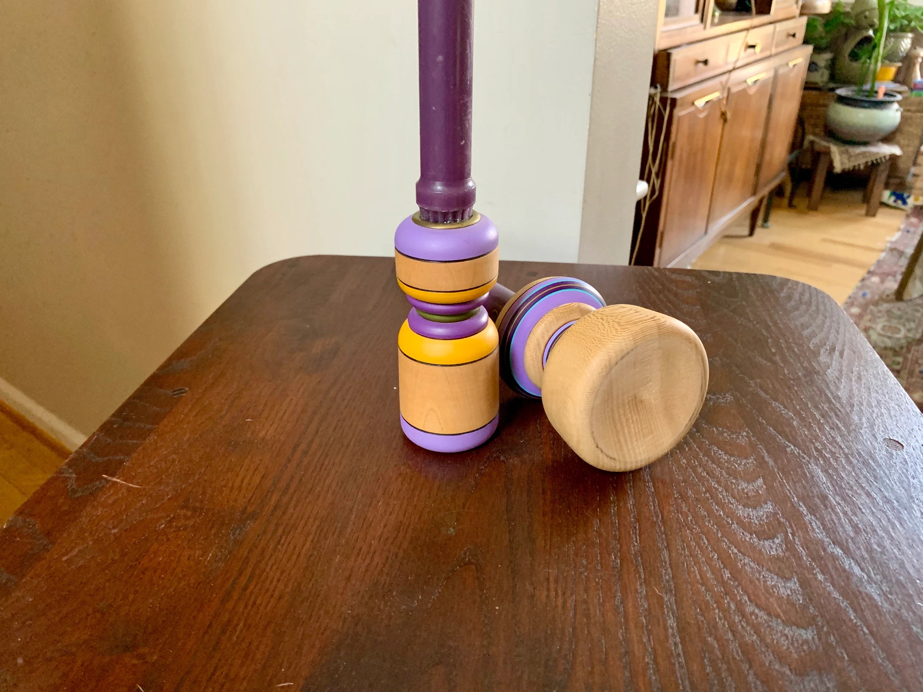 Vtg Turned Wood Candle Holders | Hand Painted Wood Candle Holders | Mid Century Candle Holders | Purple Candlesticks
