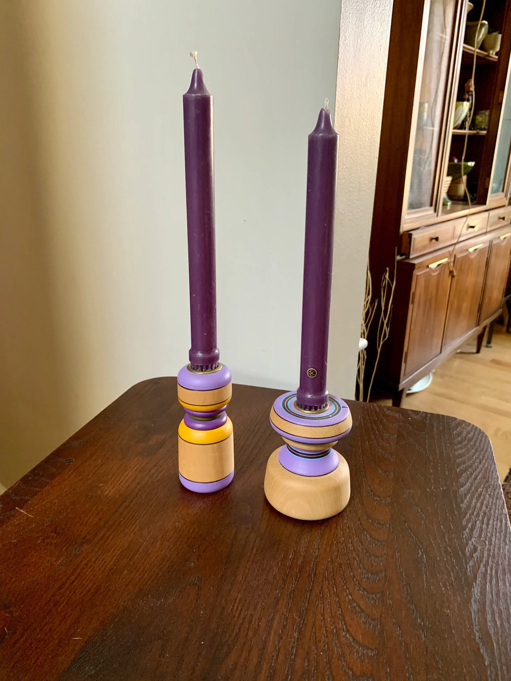 Vtg Turned Wood Candle Holders | Hand Painted Wood Candle Holders | Mid Century Candle Holders | Purple Candlesticks