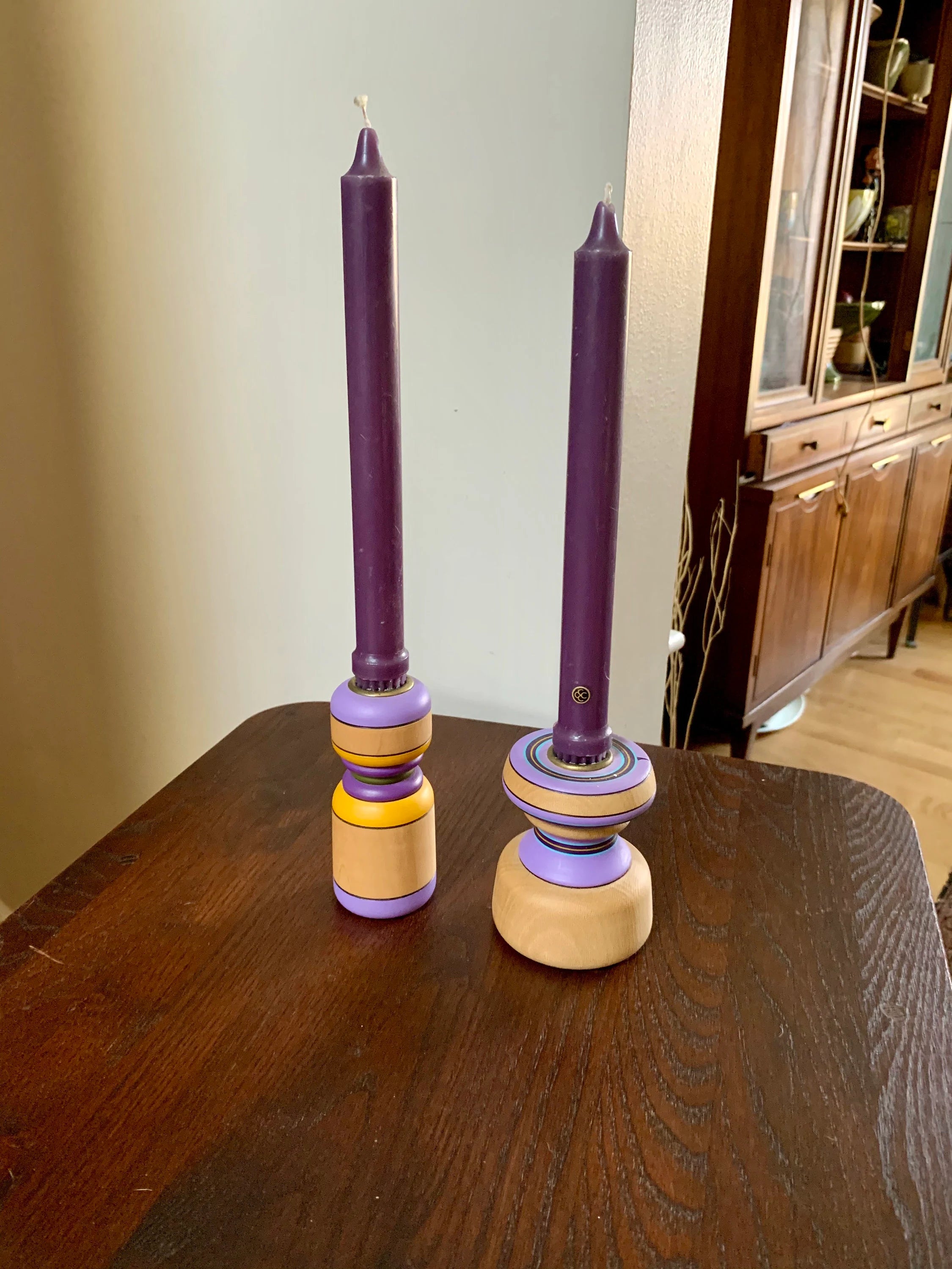 Vtg Turned Wood Candle Holders | Hand Painted Wood Candle Holders | Mid Century Candle Holders | Purple Candlesticks